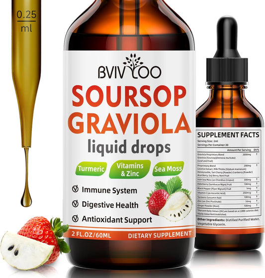 BVIVLOO Soursop Graviola Liquid Drops - Cell Support, Immune Boost, Liver & Sleep Aid - Natural Strawberries Flavor - 2 Fl Oz Bottle