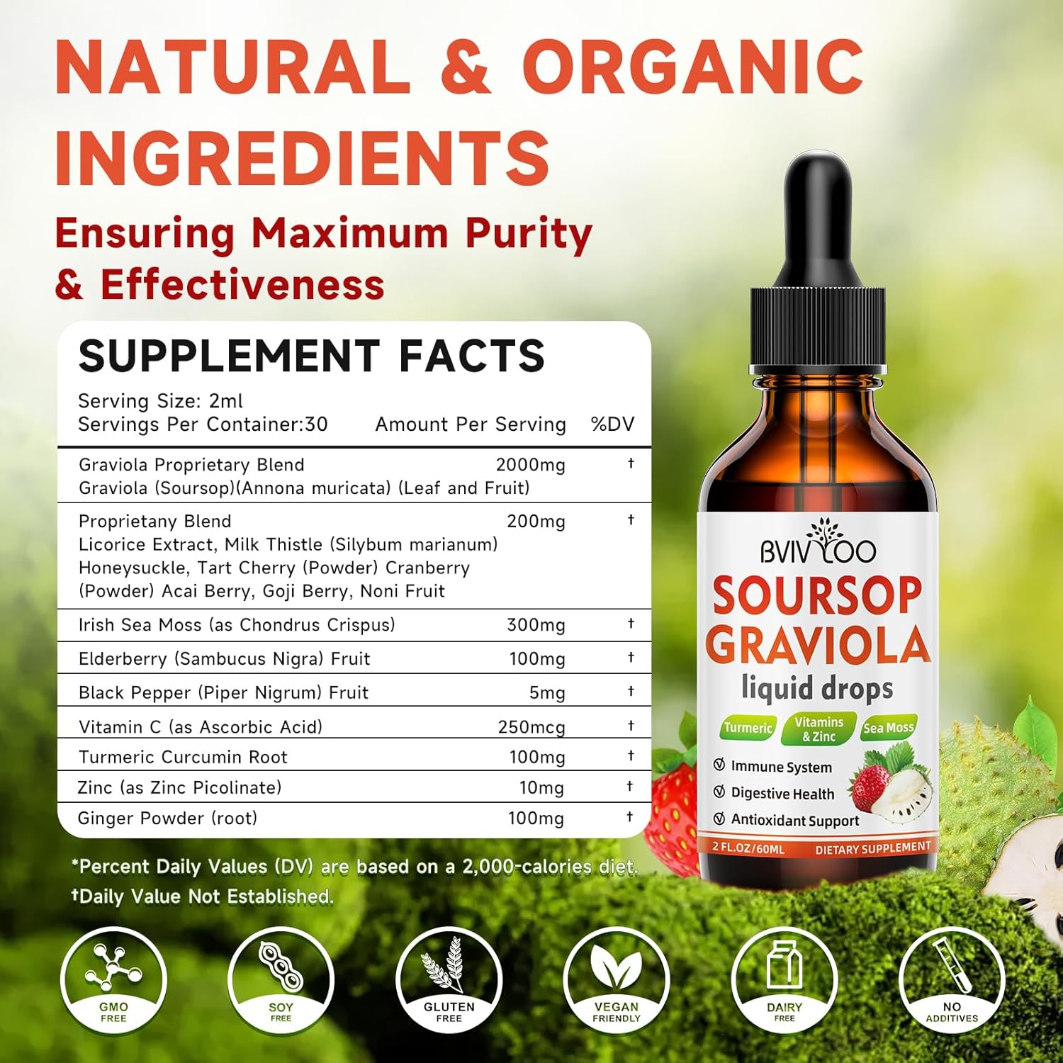 BVIVLOO Soursop Graviola Liquid Drops - Cell Support, Immune Boost, Liver & Sleep Aid - Natural Strawberries Flavor - 4 Fl Oz Bottle