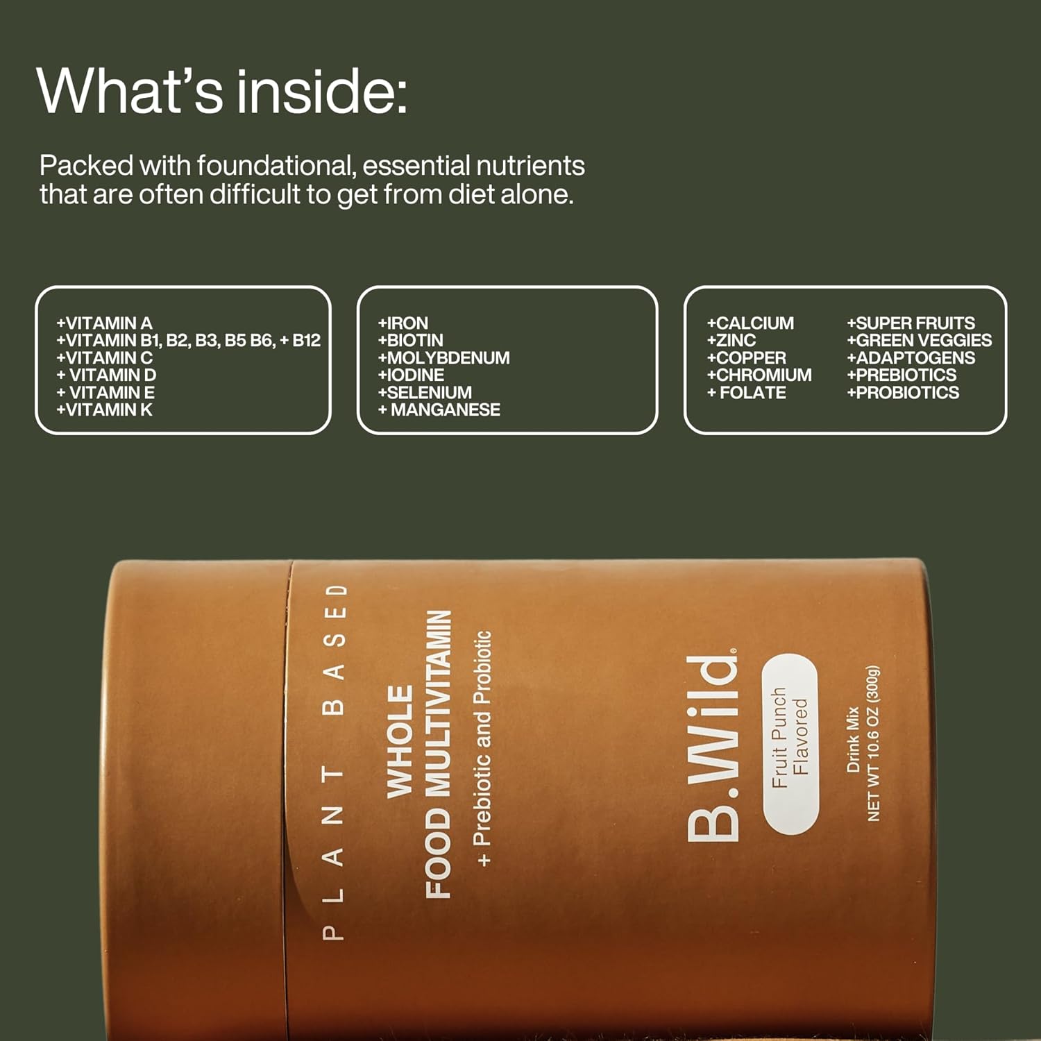 B.WILD Plant Based Antioxidant Drink Mix with Prebiotics & Probiotics - Fruit Punch Flavor - 300g, 30 Day Supply