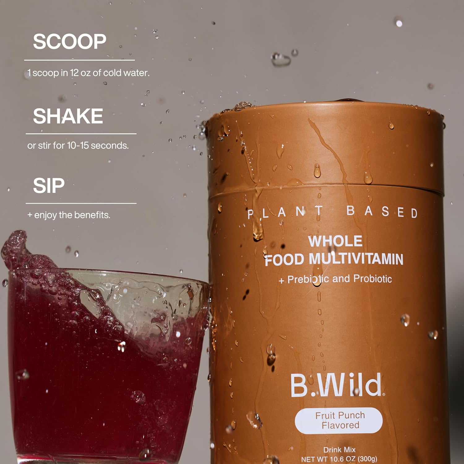 B.WILD Plant Based Antioxidant Drink Mix with Prebiotics & Probiotics - Fruit Punch Flavor - 300g, 30 Day Supply