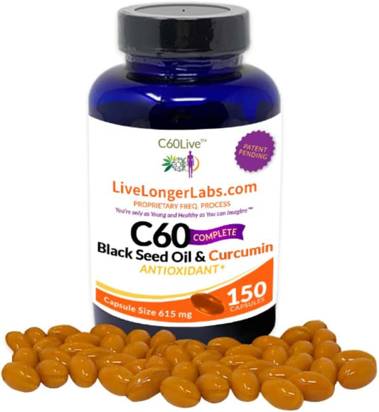 C60live C60 Complete Antioxidant Supplement with Black Seed Oil & Curcumin - 150 Gel Capsules for Longevity & Cognitive Function