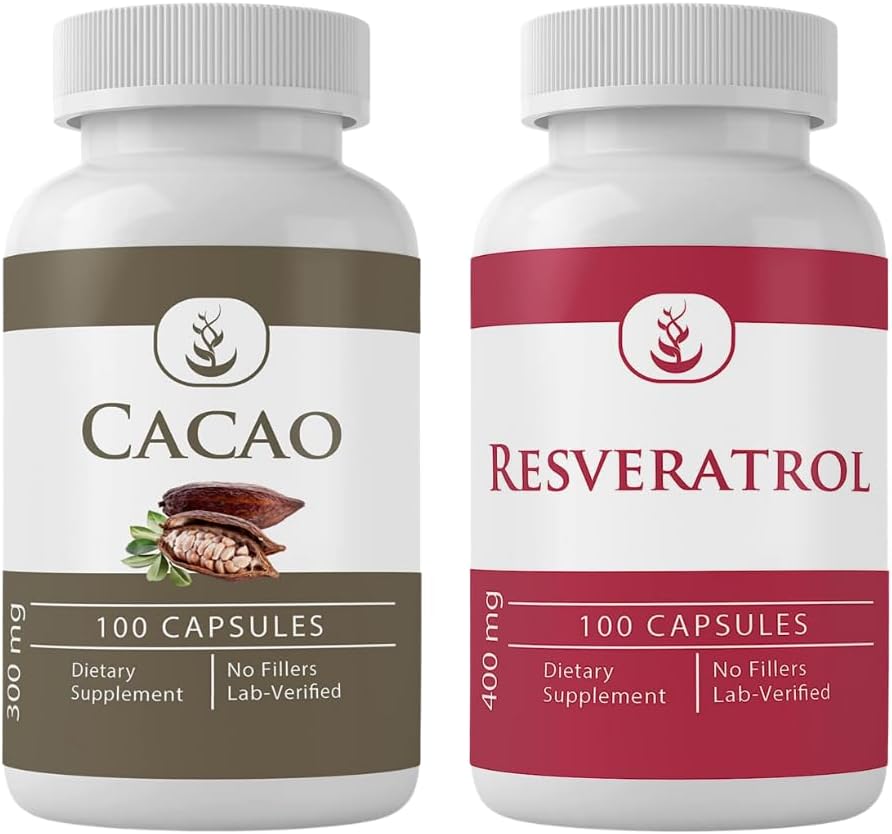 Cacao & Resveratrol Capsule Bundle - 100 Capsules Each, Pure Ingredients, Lab Tested, No Additives