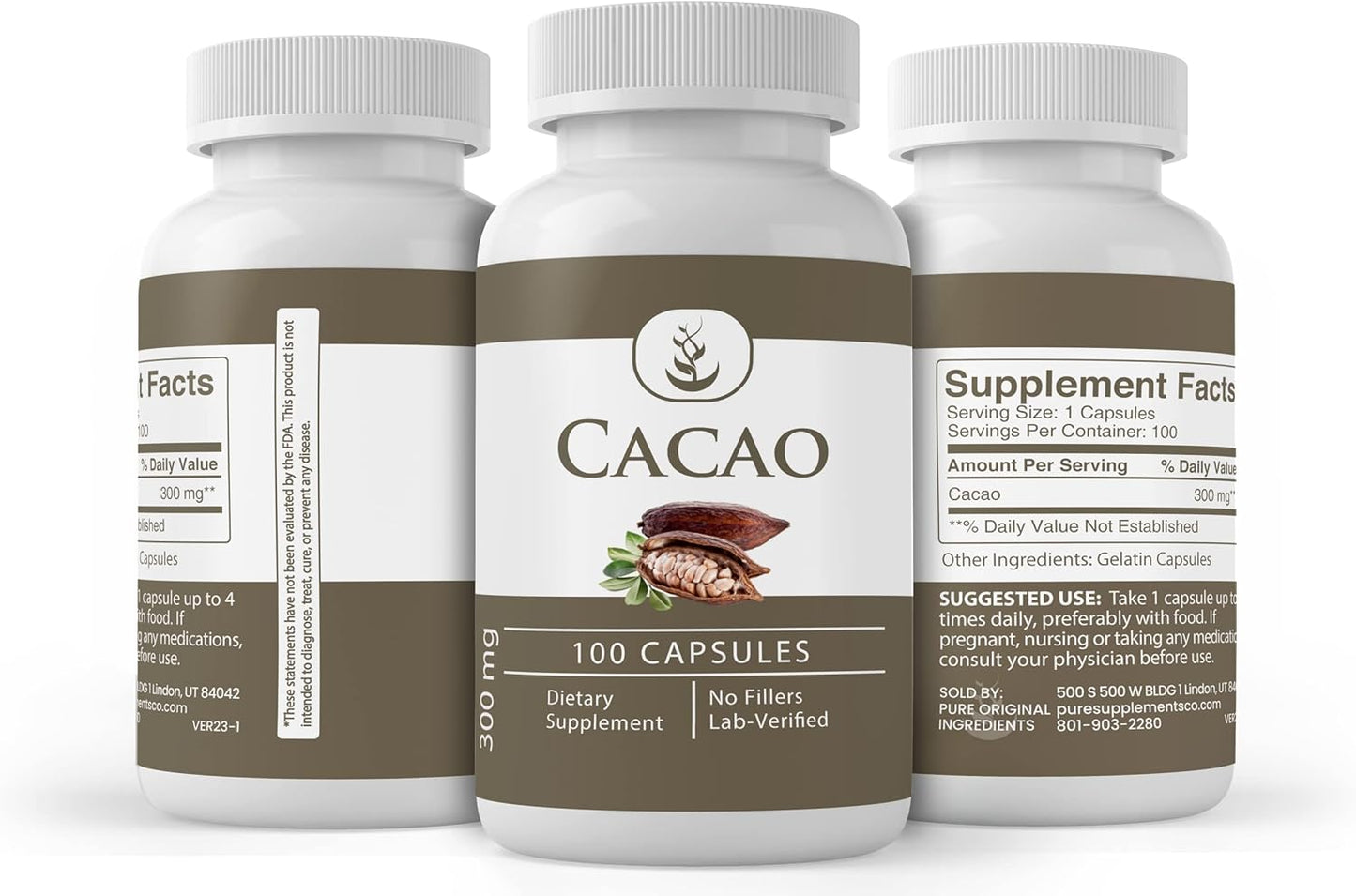 Cacao & Resveratrol Capsule Bundle - 100 Capsules Each, Pure Ingredients, Lab Tested, No Additives