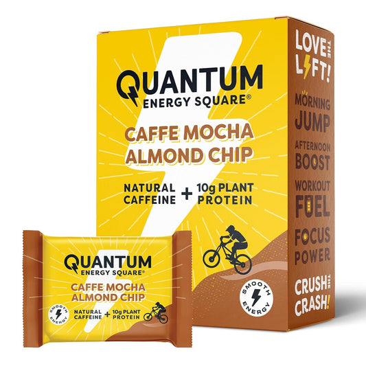 Caffe Mocha Almond Chip Quantum Energy Square - Vegan Protein Snack with Caffeine, Gluten-Free, Dairy-Free - 8 Pack