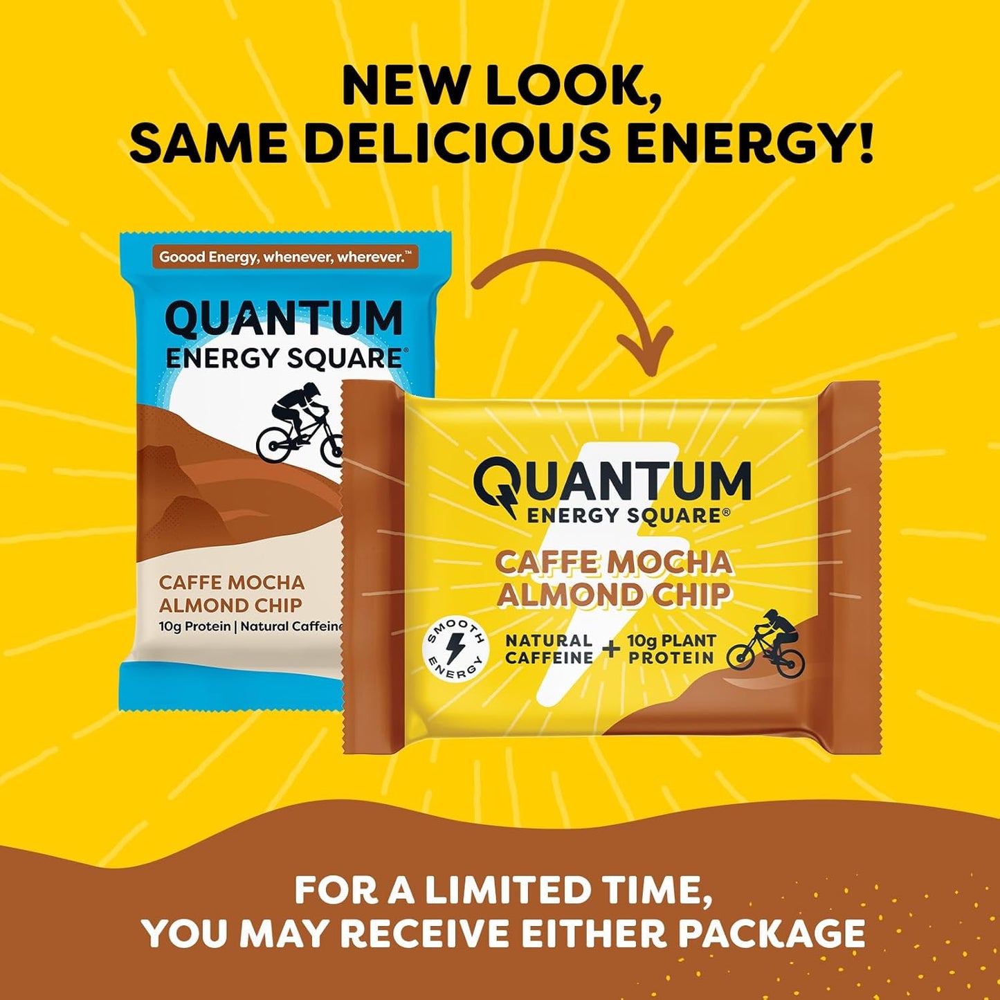 Caffe Mocha Almond Chip Quantum Energy Square - Vegan Protein Snack with Caffeine, Gluten-Free, Dairy-Free - 8 Pack