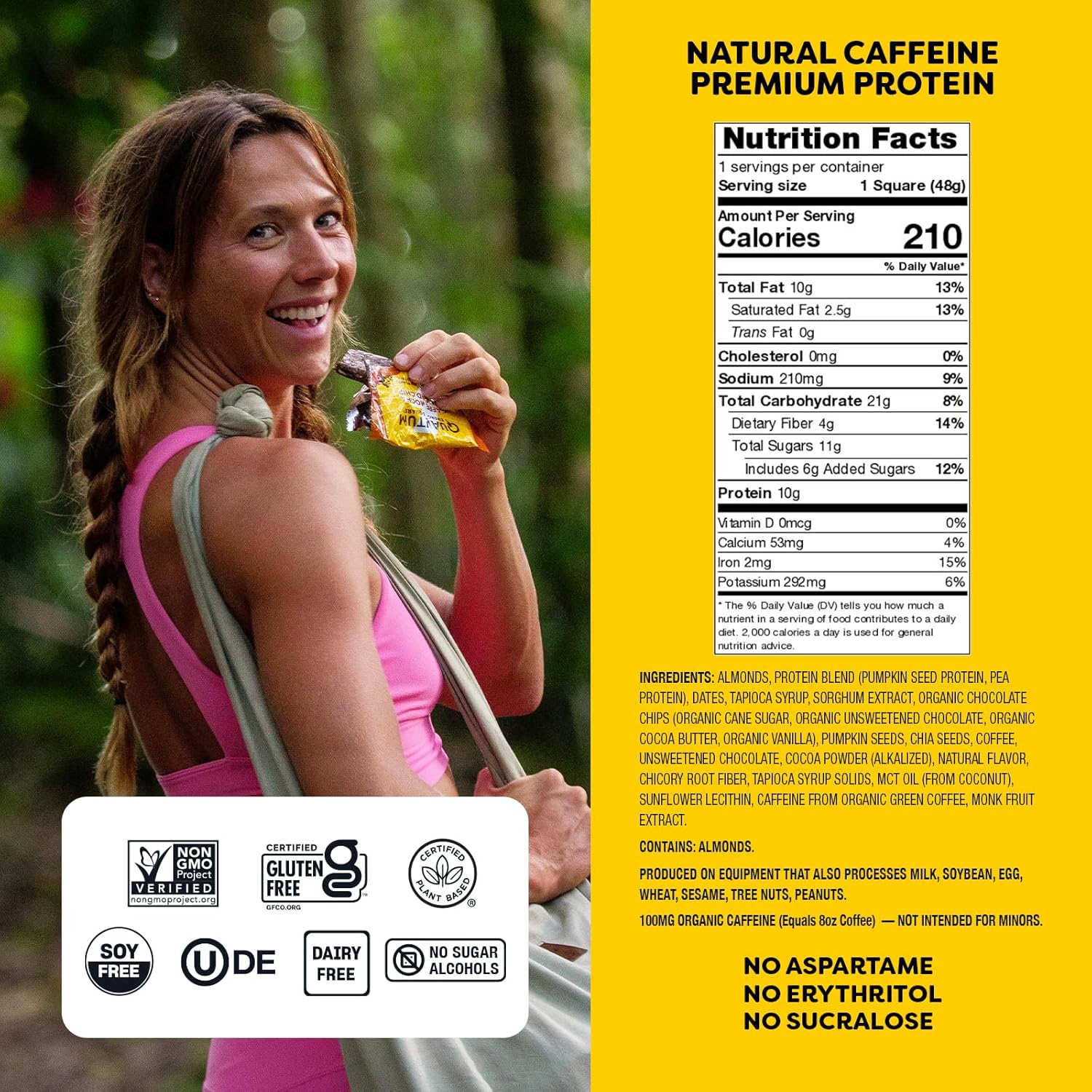 Caffe Mocha Almond Chip Quantum Energy Square - Vegan Protein Snack with Caffeine, Gluten-Free, Dairy-Free - 8 Pack