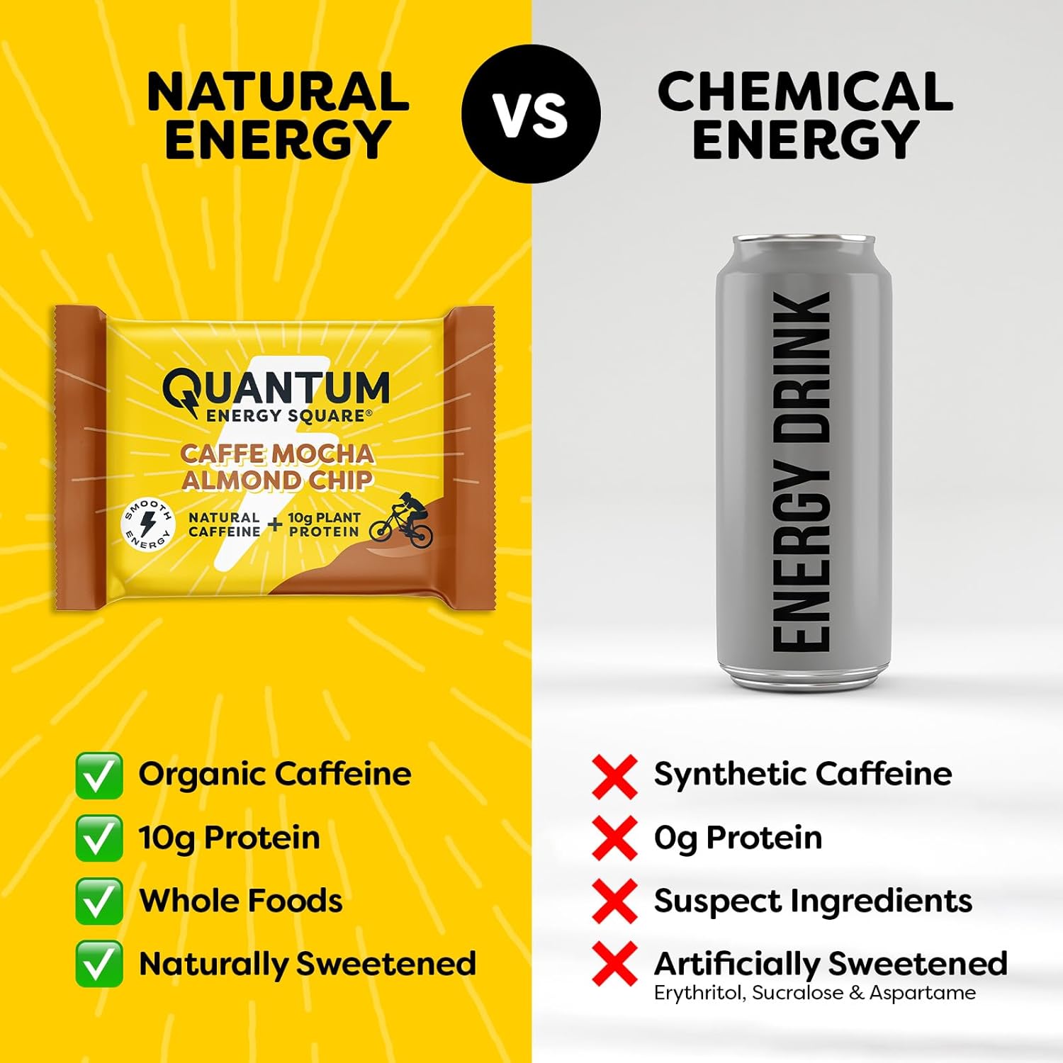 Caffe Mocha Almond Chip Quantum Energy Square - Vegan Protein Snack with Caffeine, Gluten-Free, Dairy-Free - 8 Pack