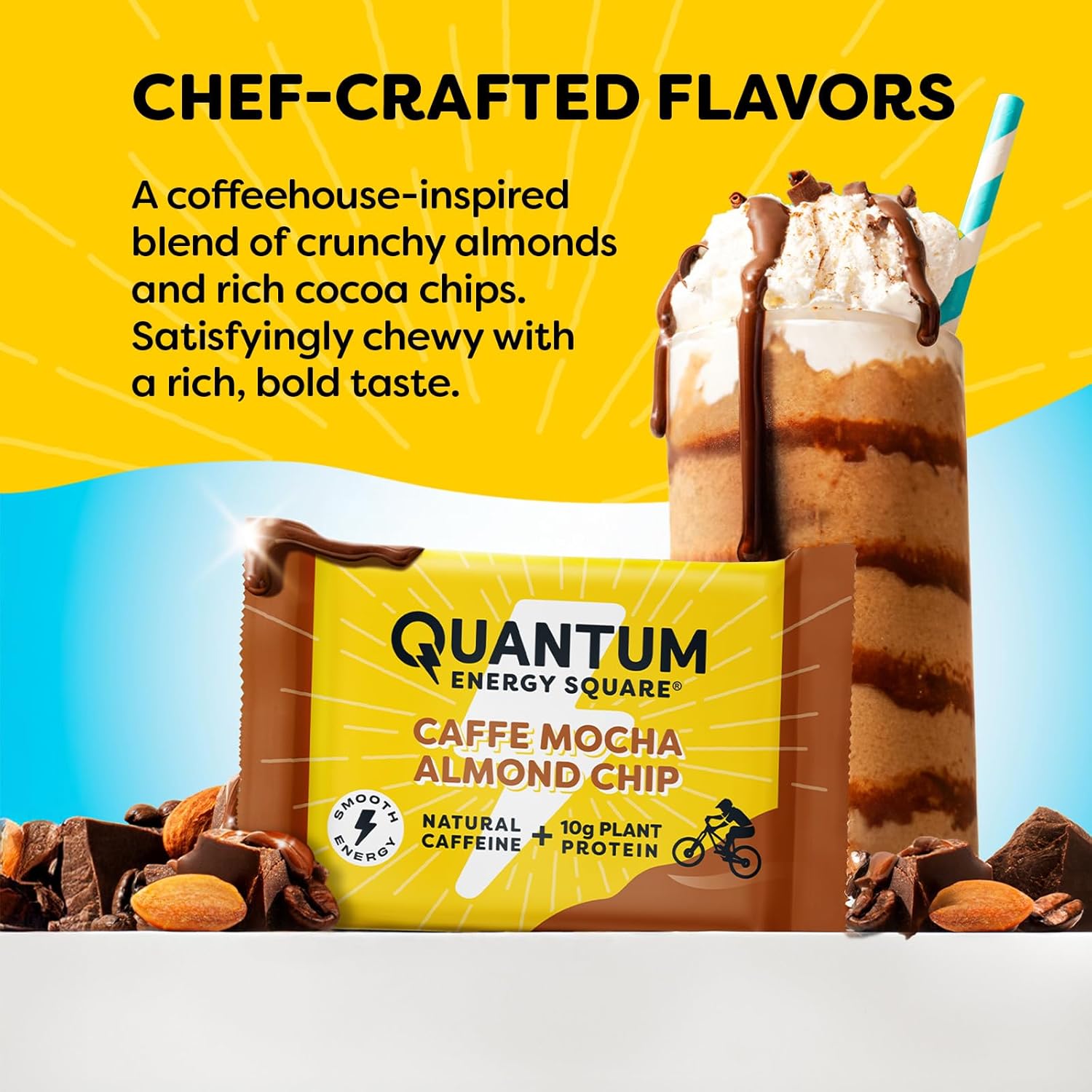 Caffe Mocha Almond Chip Quantum Energy Square - Vegan Protein Snack with Caffeine, Gluten-Free, Dairy-Free - 8 Pack