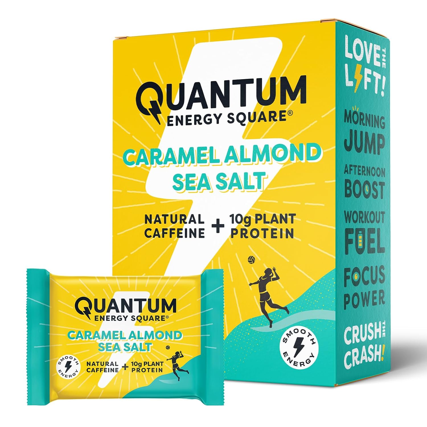 Caffeinated Protein Energy Snack: Quantum Energy Square with 10g Protein, Vegan, Gluten-Free, Soy & Dairy-Free - Caramel Almond Sea Salt 8 Pack