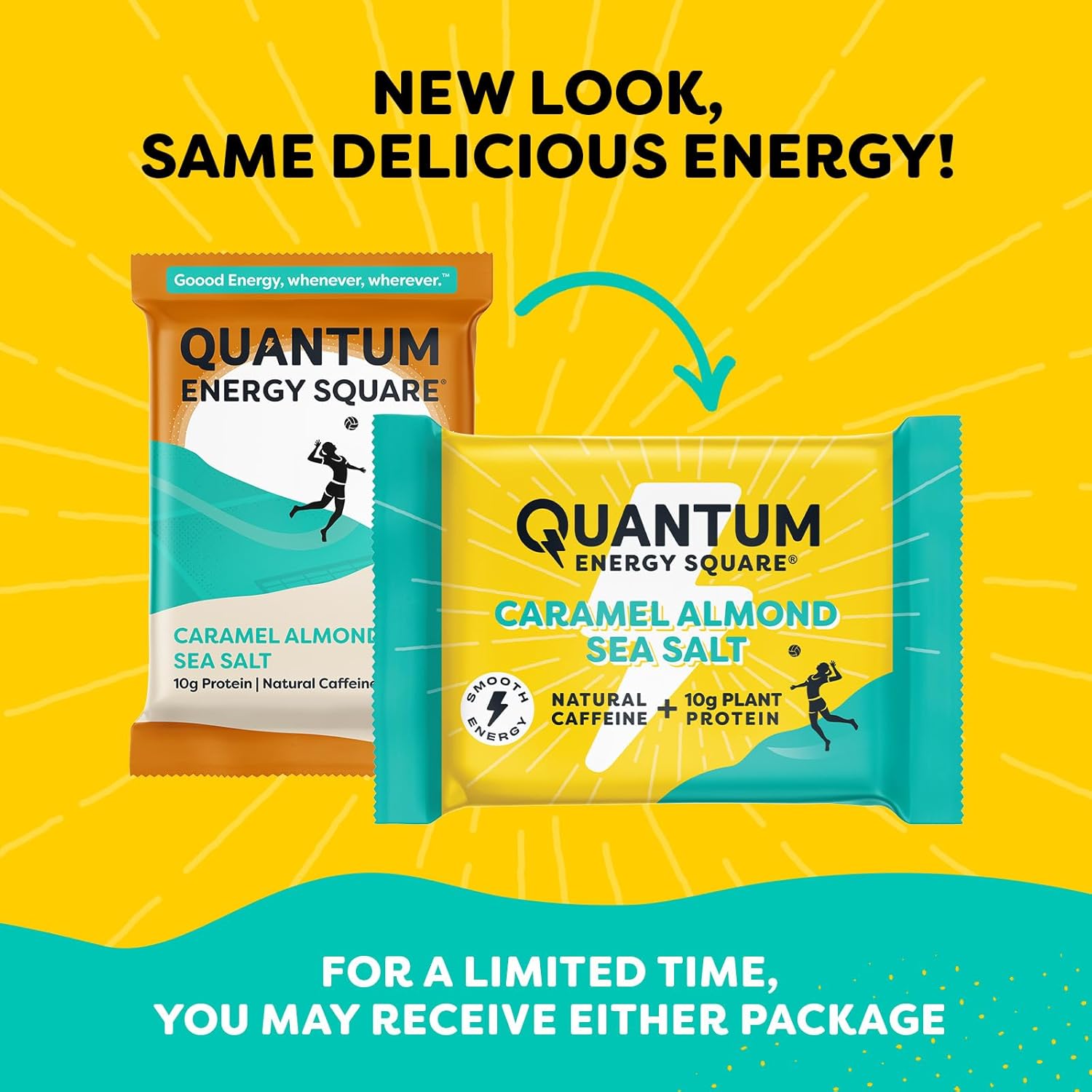 Caffeinated Protein Energy Snack: Quantum Energy Square with 10g Protein, Vegan, Gluten-Free, Soy & Dairy-Free - Caramel Almond Sea Salt 8 Pack