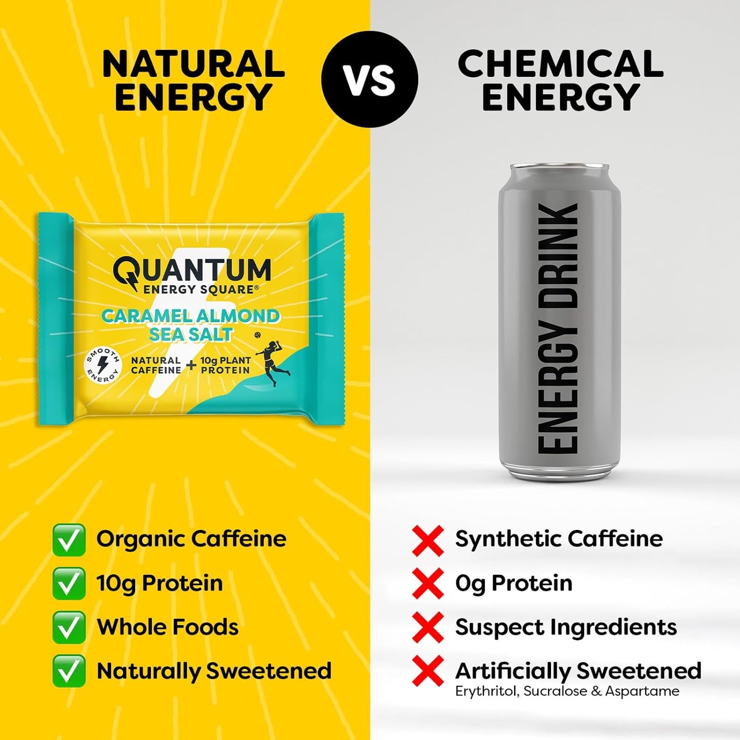 Caffeinated Protein Energy Snack: Quantum Energy Square with 10g Protein, Vegan, Gluten-Free, Soy & Dairy-Free - Caramel Almond Sea Salt 8 Pack