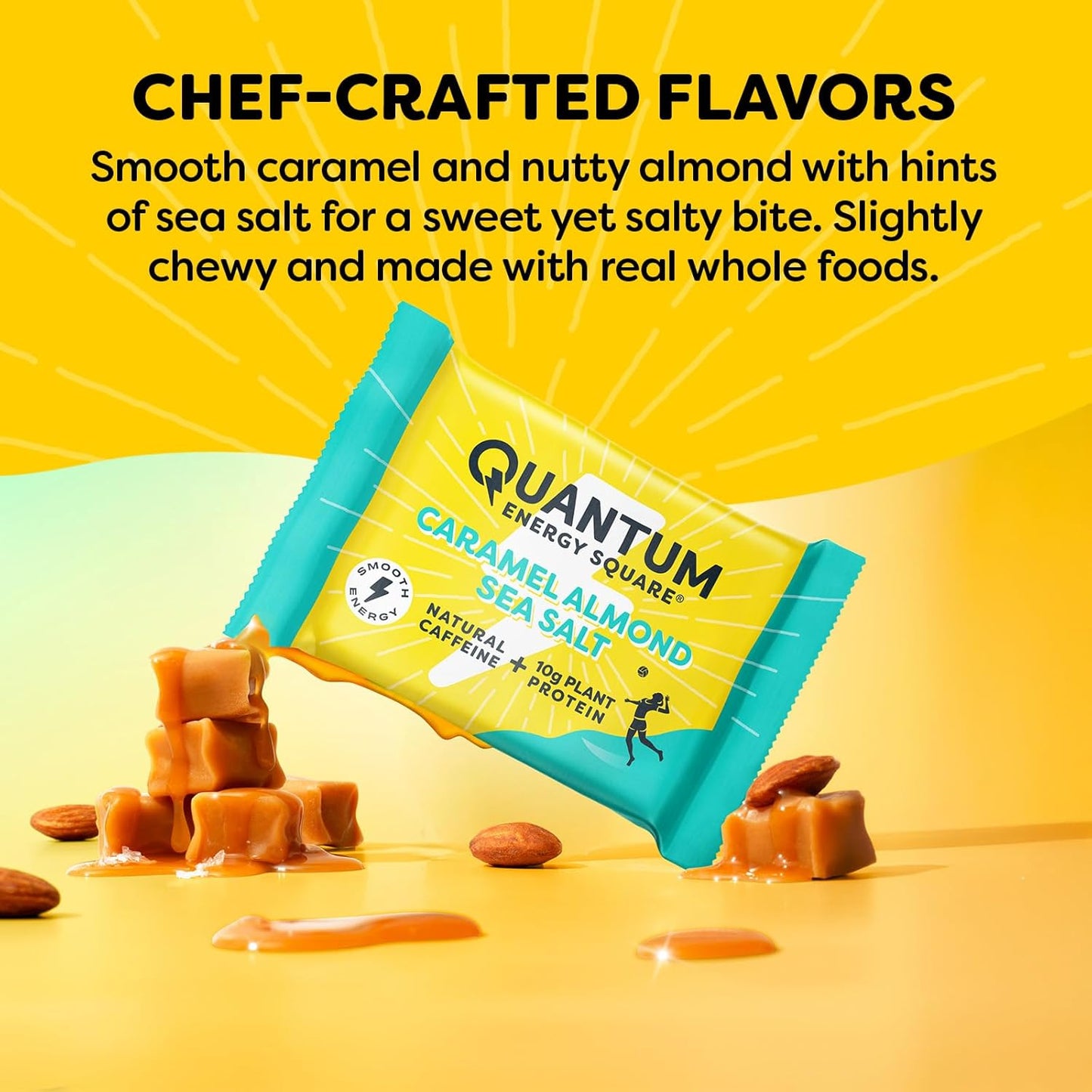 Caffeinated Protein Energy Snack: Quantum Energy Square with 10g Protein, Vegan, Gluten-Free, Soy & Dairy-Free - Caramel Almond Sea Salt 8 Pack