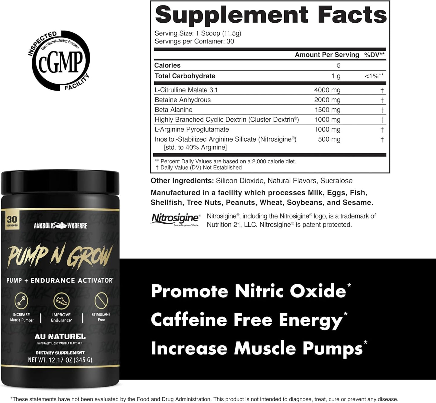 Caffeine-Free Anabolic Warfare Pump-N-Grow Pre-Workout with L-Citrulline, L-Arginine, Beta-Alanine - Au Naturel (30 Servings)
