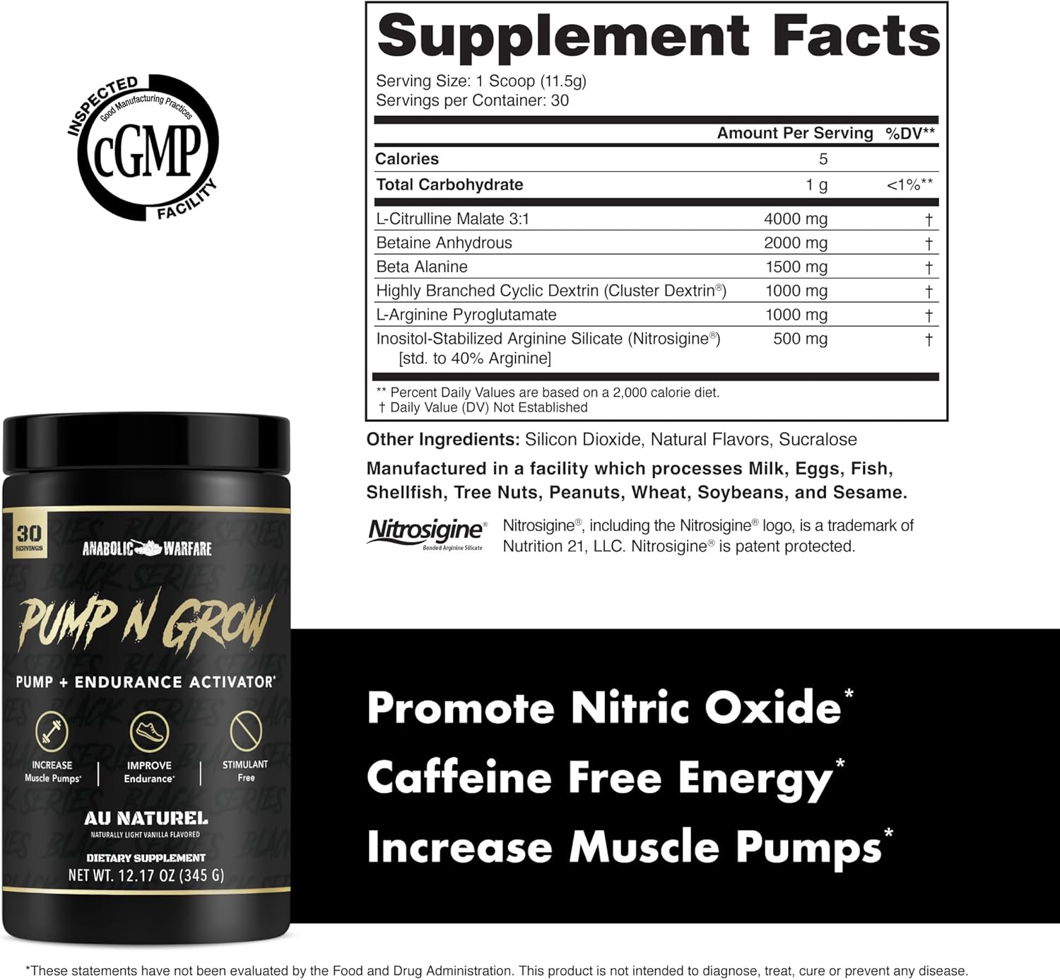 Caffeine-Free Anabolic Warfare Pump-N-Grow Pre-Workout with L-Citrulline, L-Arginine, Beta-Alanine - Au Naturel (30 Servings)