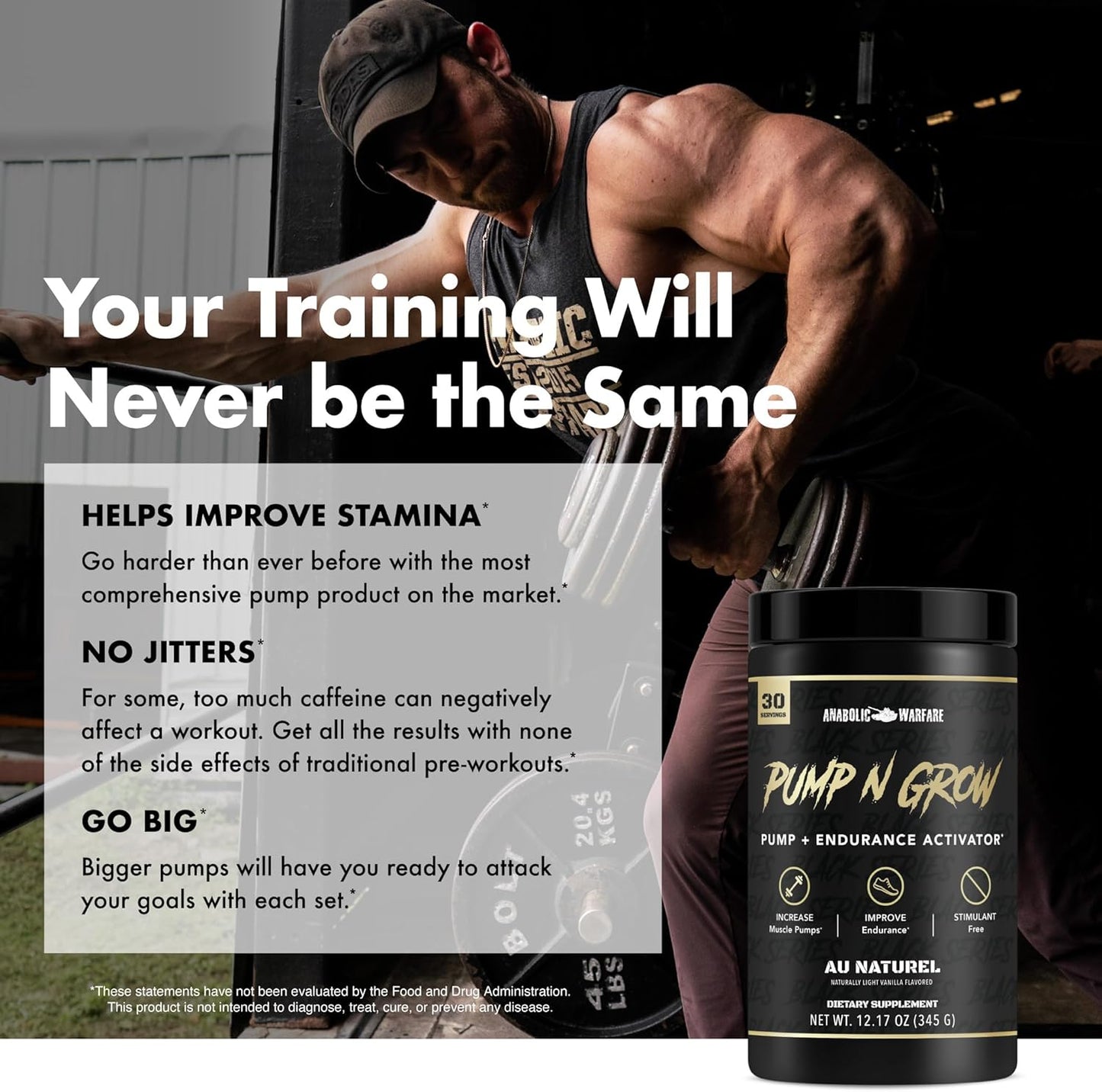 Caffeine-Free Anabolic Warfare Pump-N-Grow Pre-Workout with L-Citrulline, L-Arginine, Beta-Alanine - Au Naturel (30 Servings)