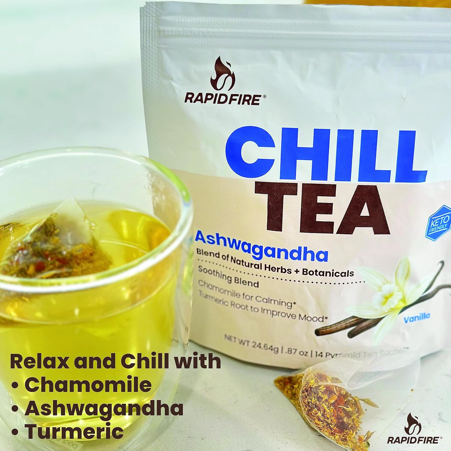 Caffeine-Free Stress Relief Tea with Ashwagandha, Chamomile, and Turmeric - 14 Tea Bags