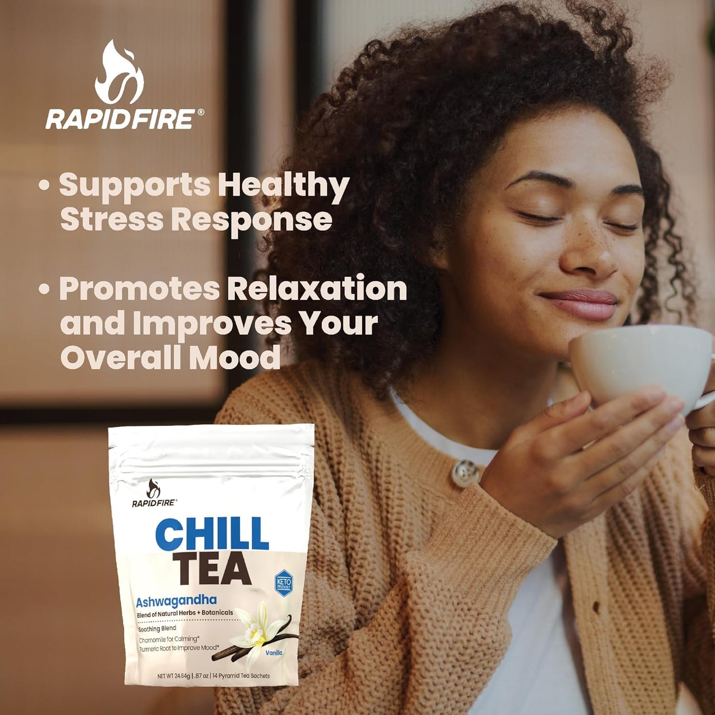 Caffeine-Free Stress Relief Tea with Ashwagandha, Chamomile, and Turmeric - 14 Tea Bags