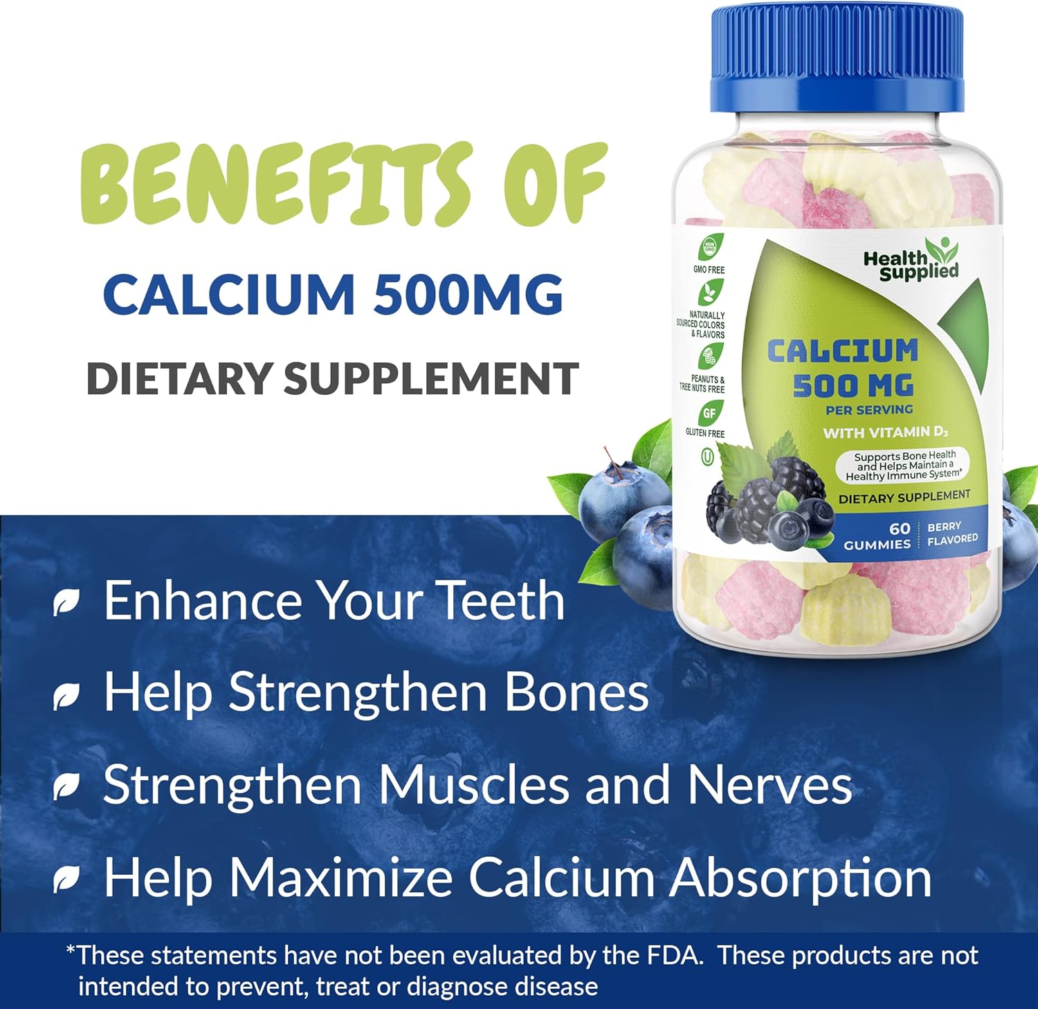 Calcium and Vitamin D3 Gummies for Bone Health and Growth - Natural Berry Flavor - Daily Dietary Supplement for Adults, Teens, and Kids
