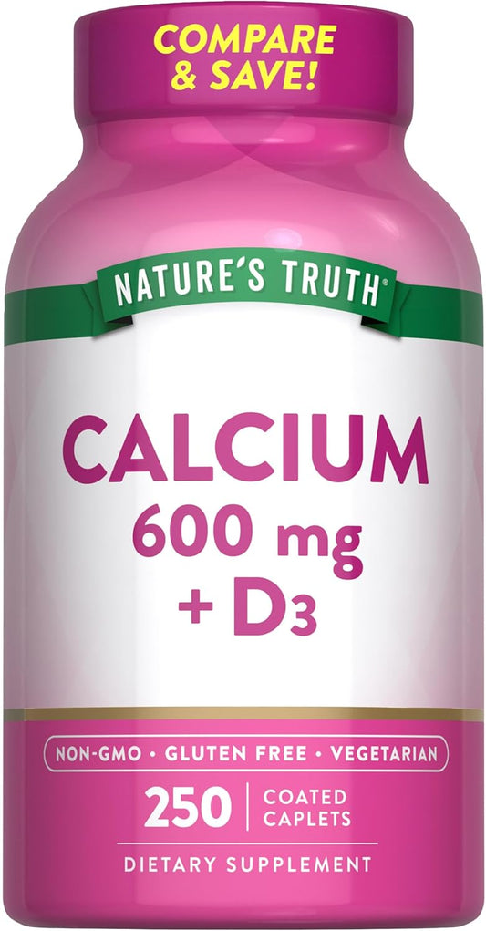Calcium Carbonate Supplement with Vitamin D3 | 600mg | 250 Caplets | Vegetarian, Non-GMO & Gluten Free