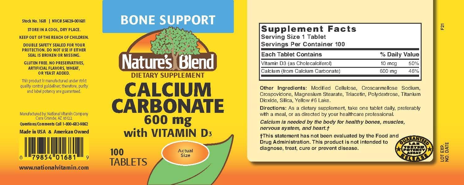 Calcium Carbonate with Vitamin D3 600 mg/400 IU Tablets - 100 Count Pack