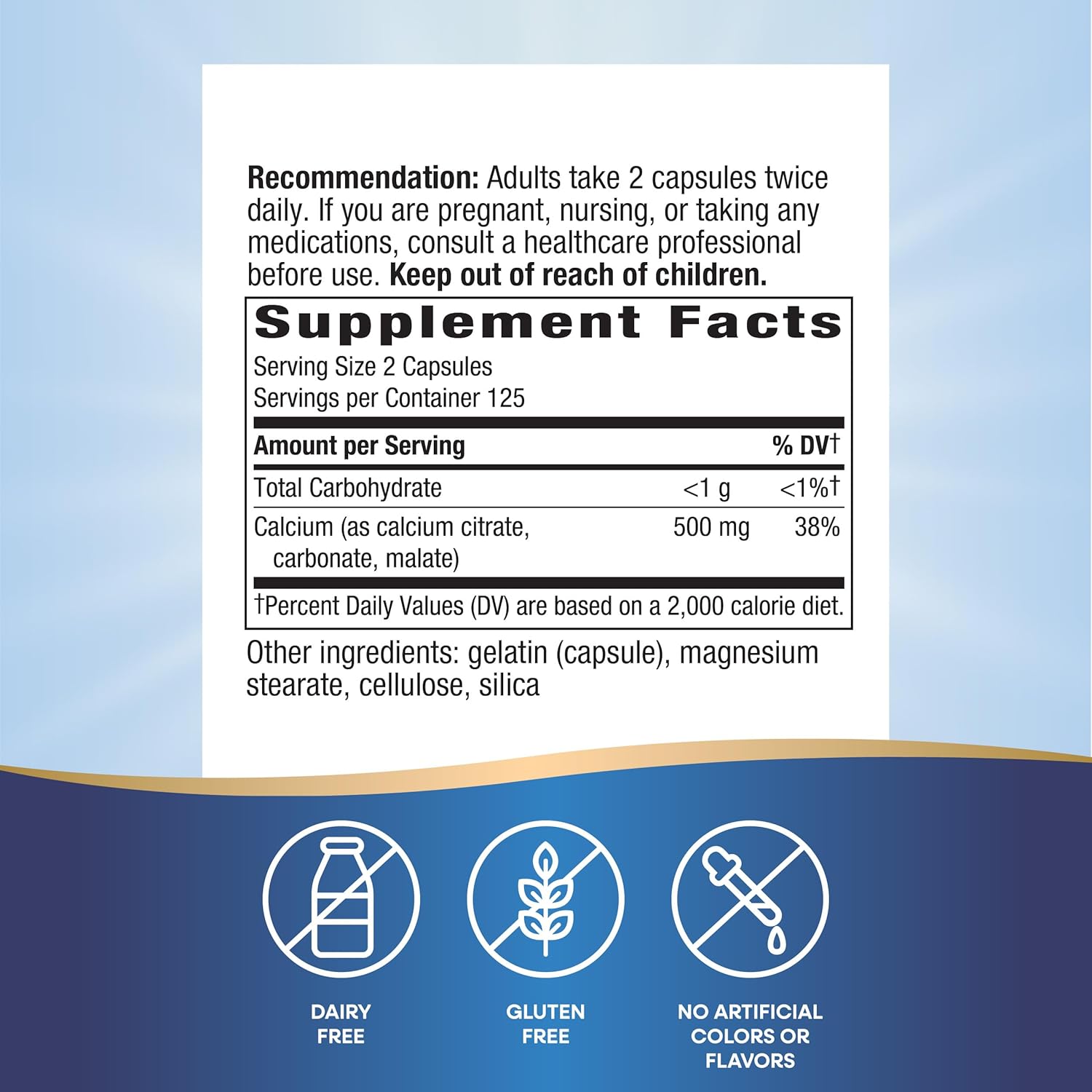 Calcium Citrate Supplement for Bone Health & Muscle Function - 500mg per Serving - Citrate, Carbonate & Malate Blend - Gluten Free - 250 Capsules (2 Pack)