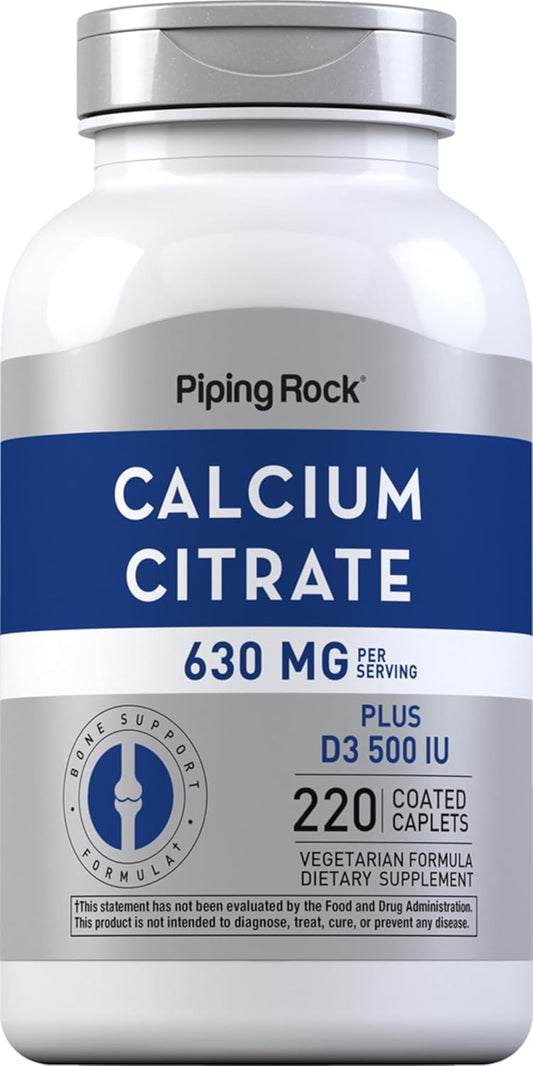 Calcium Citrate with Vitamin D3 Caplets for Women and Men - 630 mg - 220 Count - Vegetarian, Non-GMO, Gluten Free