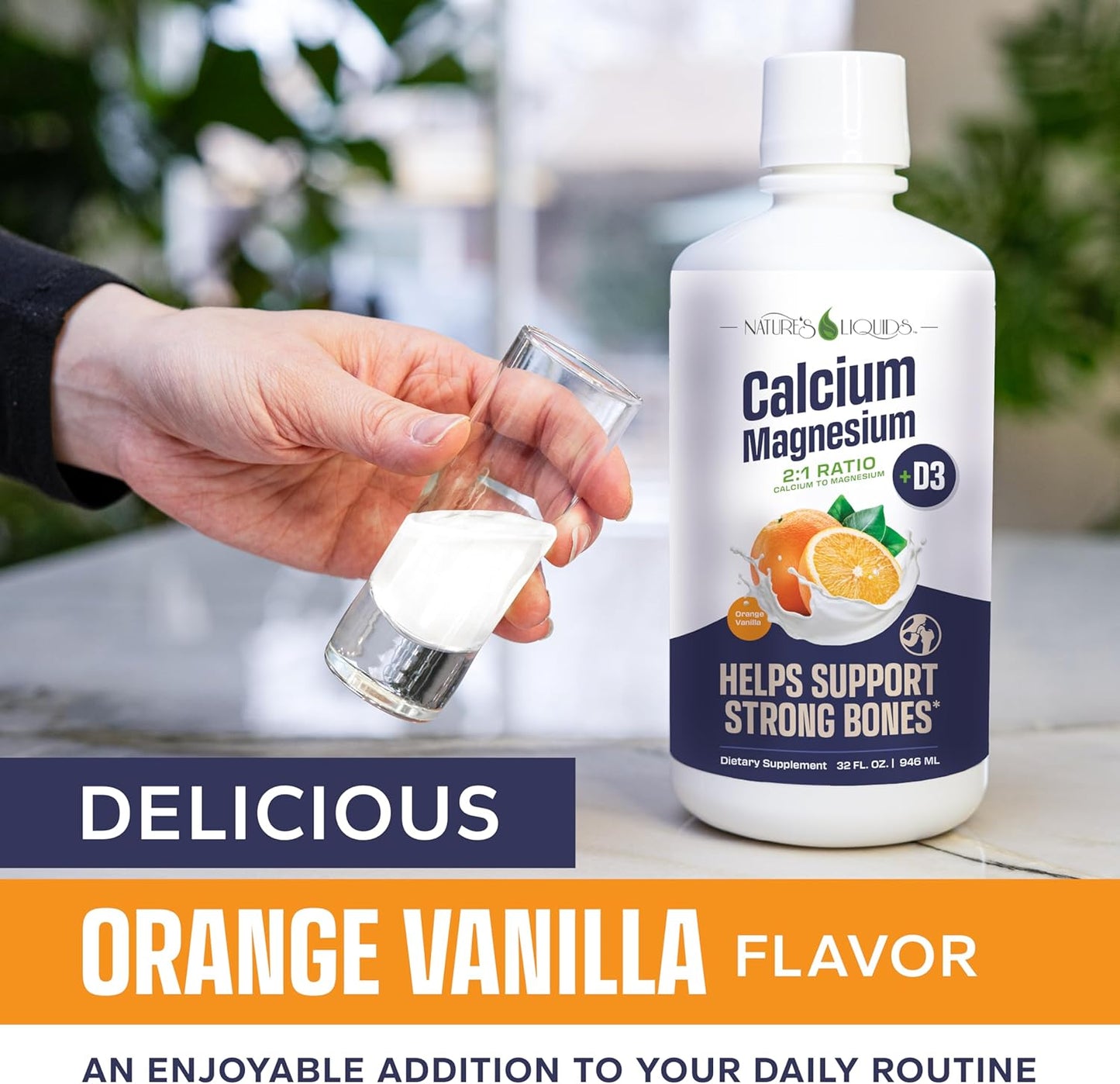 Calcium Magnesium Liquid Supplement with D3, Boron, Manganese - 2:1 Ratio for Strong Bones - Orange Vanilla Flavor - 32oz Bottle (32 Servings)