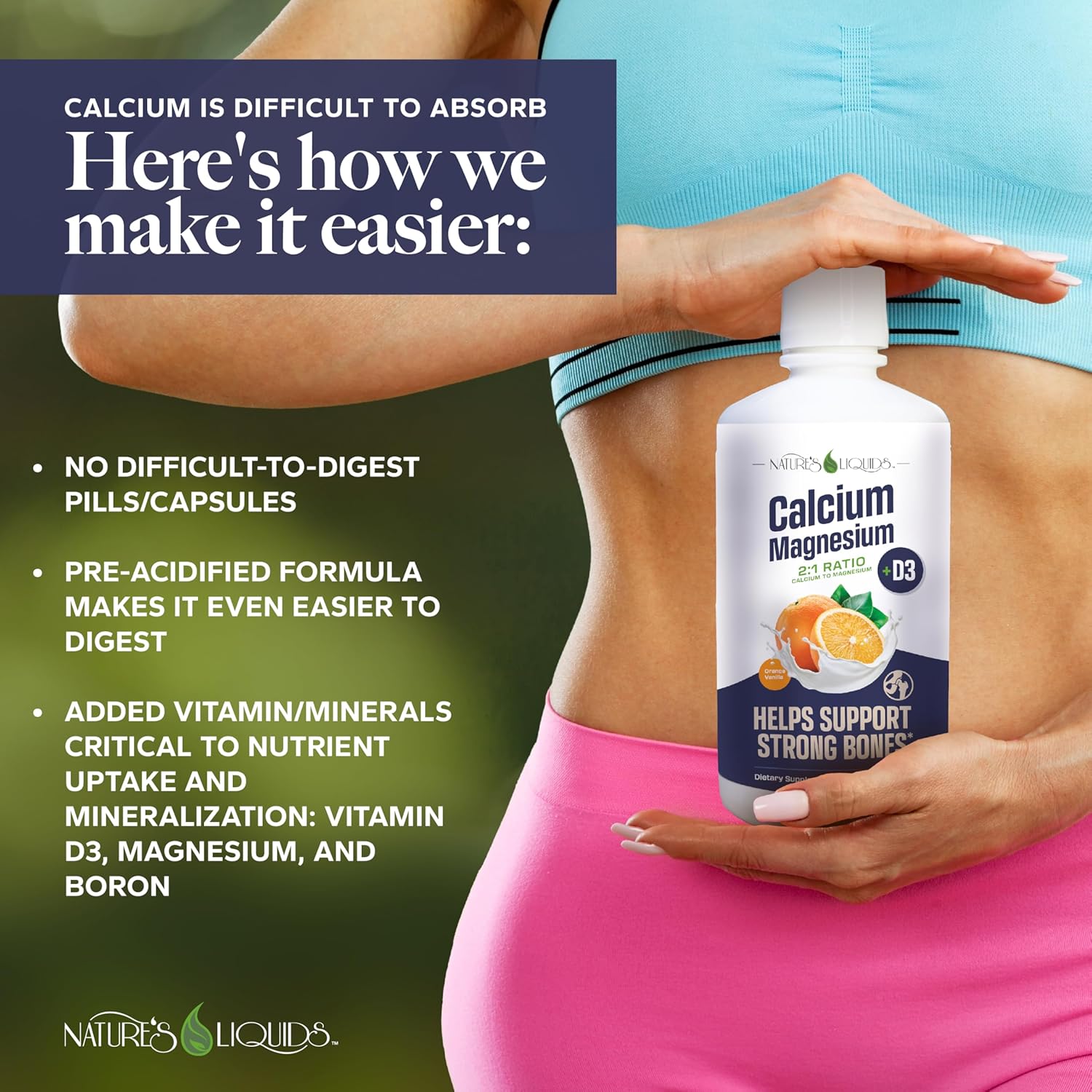 Calcium Magnesium Liquid Supplement with D3, Boron, Manganese - 2:1 Ratio for Strong Bones - Orange Vanilla Flavor - 32oz Bottle (32 Servings)