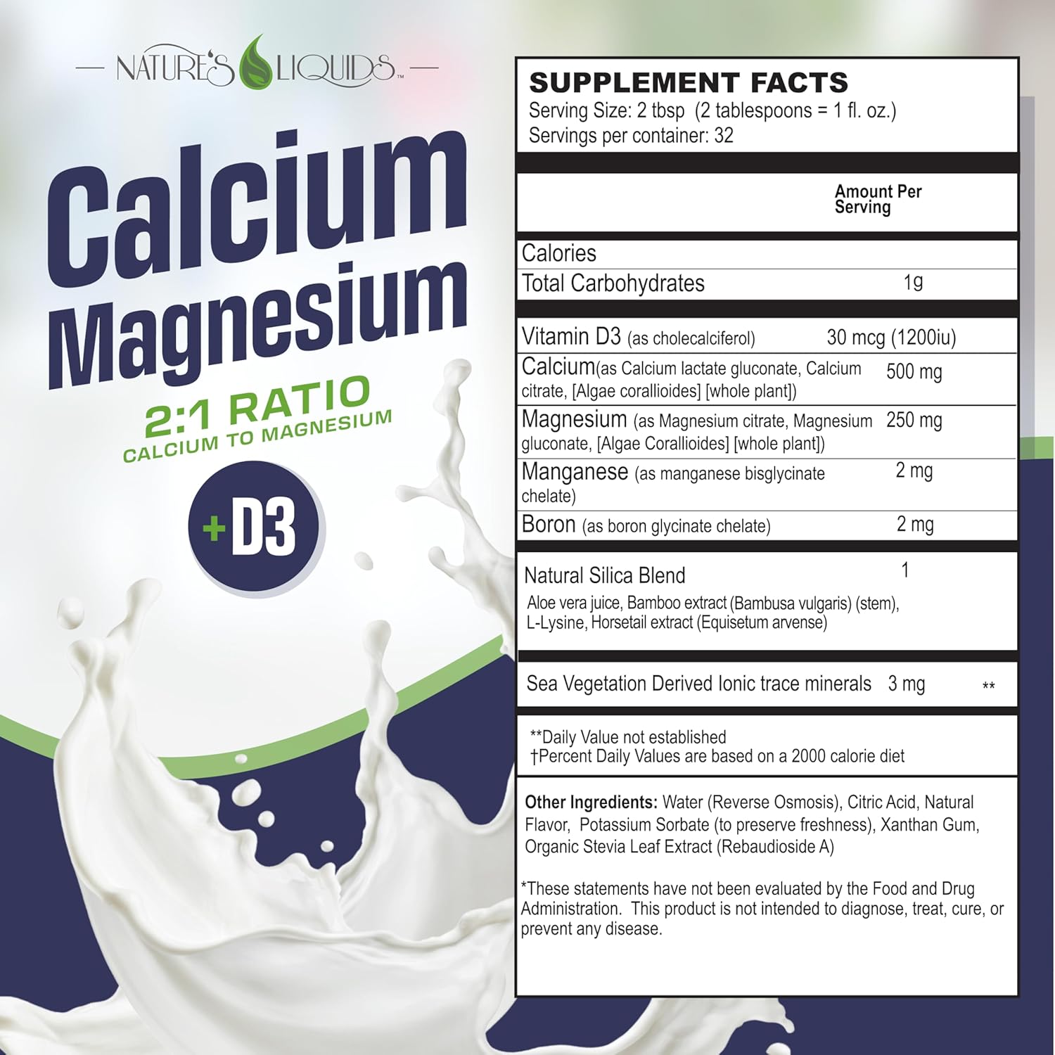 Calcium Magnesium Liquid Supplement with D3, Boron, Manganese - 2:1 Ratio for Strong Bones - Orange Vanilla Flavor - 32oz Bottle (32 Servings)