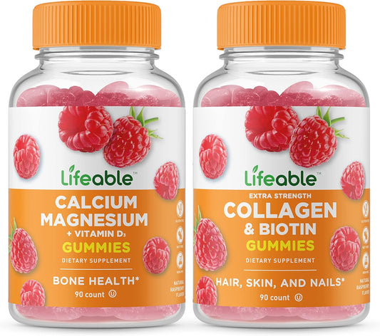 Calcium Magnesium with Collagen & Biotin Gummies Bundle - Chewable Vitamins, Gluten-Free & GMO-Free