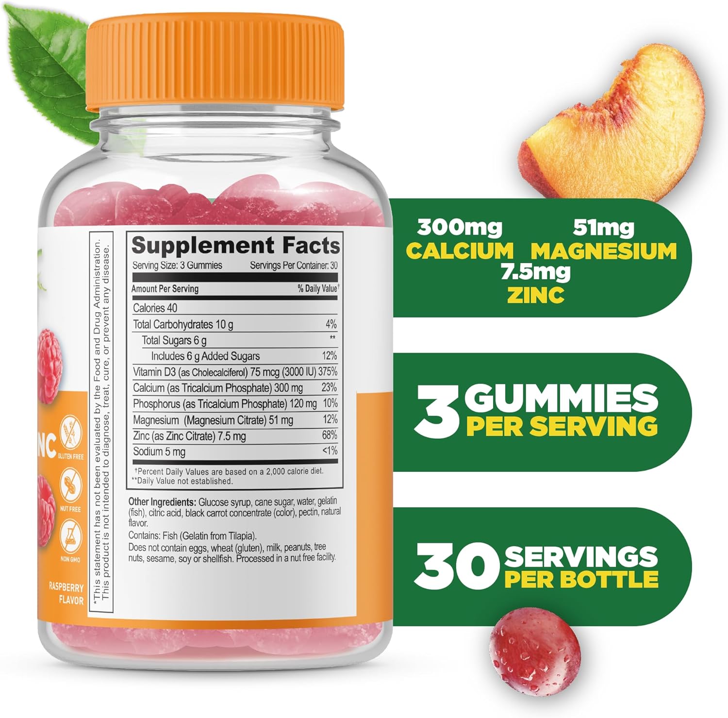 Calcium Magnesium Zinc D3 Gummies for Adults | Delicious Supplement for Tooth & Bone Health | 90 Gummies