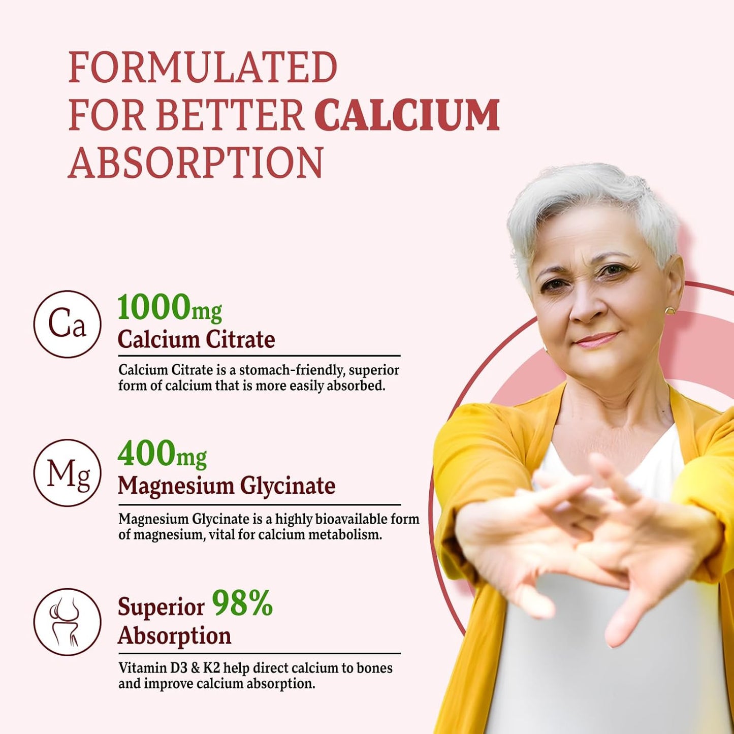 Calcium Magnesium Zinc Gummies with Vitamin D3 & K2 for Bone Health, 120 Grape Flavor Gummies for Women and Men