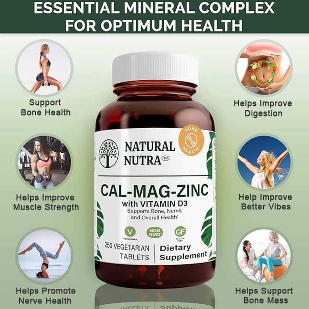 Calcium Magnesium Zinc Supplement with Vitamin D3 for Bone Strength and Nerve Health - Gluten and Sugar-Free Mineral Complex - 250 Count
