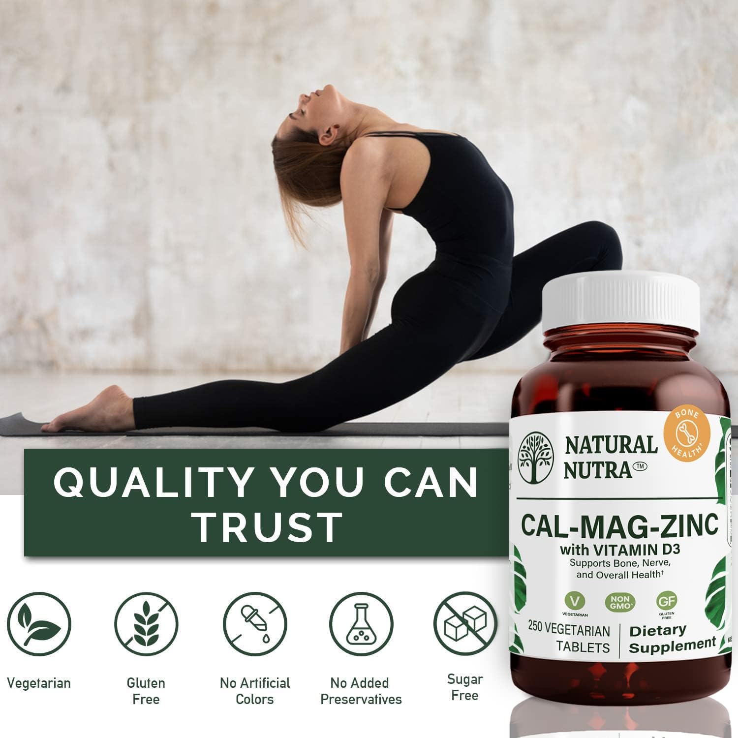 Calcium Magnesium Zinc Supplement with Vitamin D3 for Bone Strength, Digestion Support, Gluten and Sugar-Free, 1000/500/25 mg (250 Count)