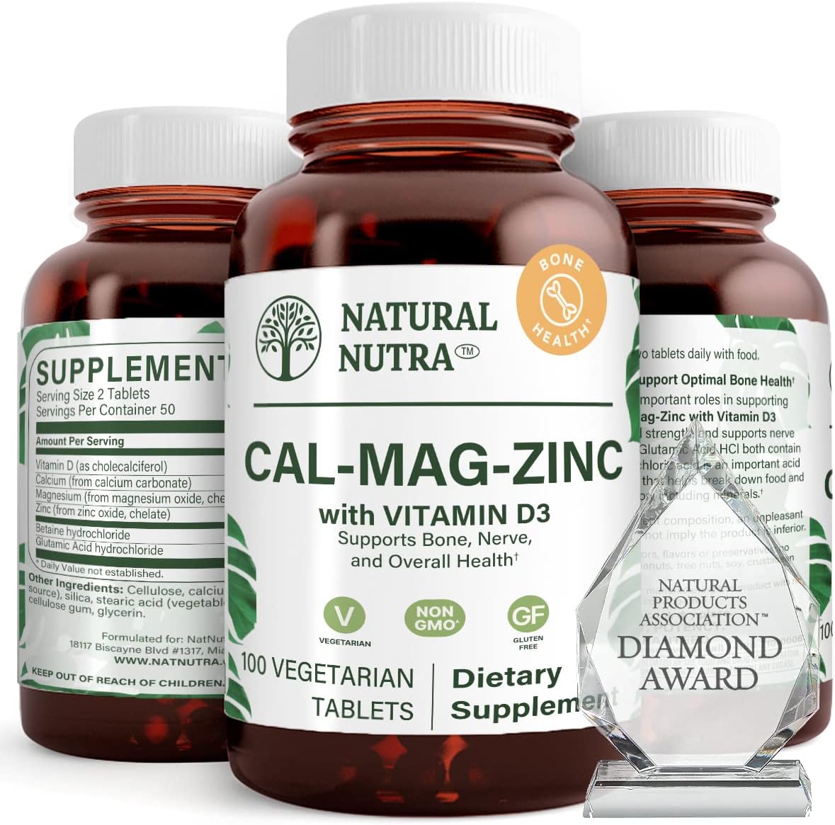 Calcium, Magnesium, Zinc & Vitamin D3 Bone Health Supplement - Gluten-Free, Sugar-Free Mineral Complex - 200 Count