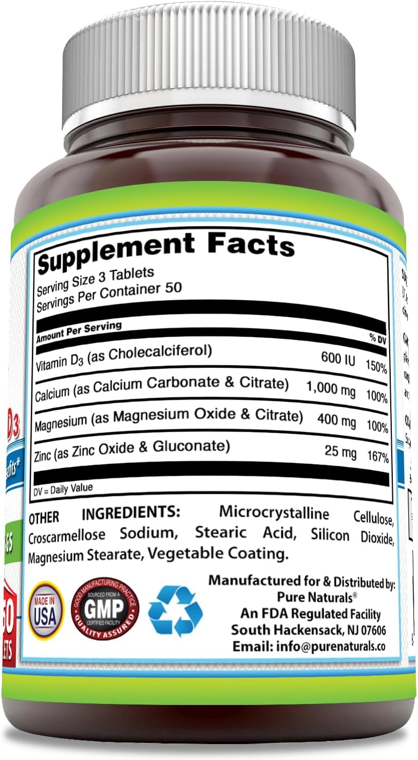 Calcium Magnesium Zinc Vitamin D3 Supplement | 1000mg Calcium, 400mg Magnesium, 25mg Zinc, 600 IU Vitamin D3 | Non-GMO Gluten Free (150 Tablets)