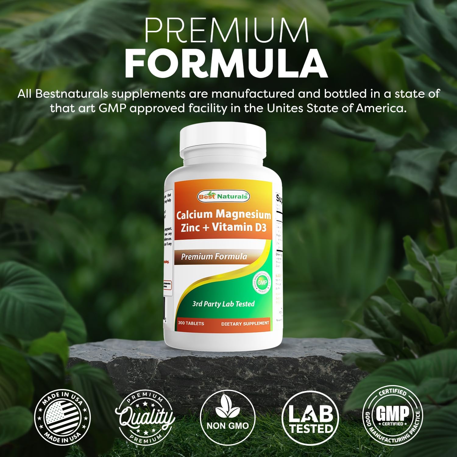 Calcium Magnesium Zinc with Vitamin D3 Supplement - 300 Tablets, 1000mg Calcium, 400mg Magnesium, 25mg Zinc, 600 IU D3 per Serving