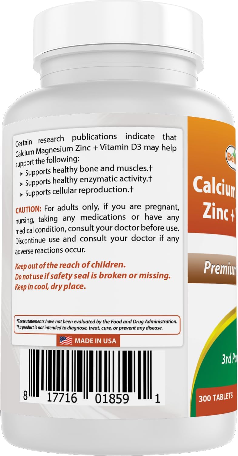 Calcium Magnesium Zinc with Vitamin D3 Supplement - 300 Tablets, 1000mg Calcium, 400mg Magnesium, 25mg Zinc, 600 IU D3 per Serving