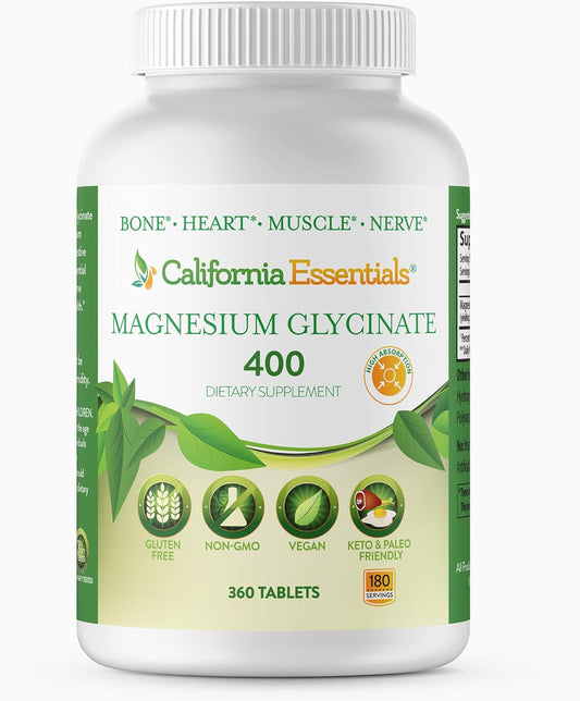 California Essentials Magnesium Glycinate 400 - High Absorption Muscle & Bone Support - Vegan, Non-GMO, Gluten-Free (360 Count)