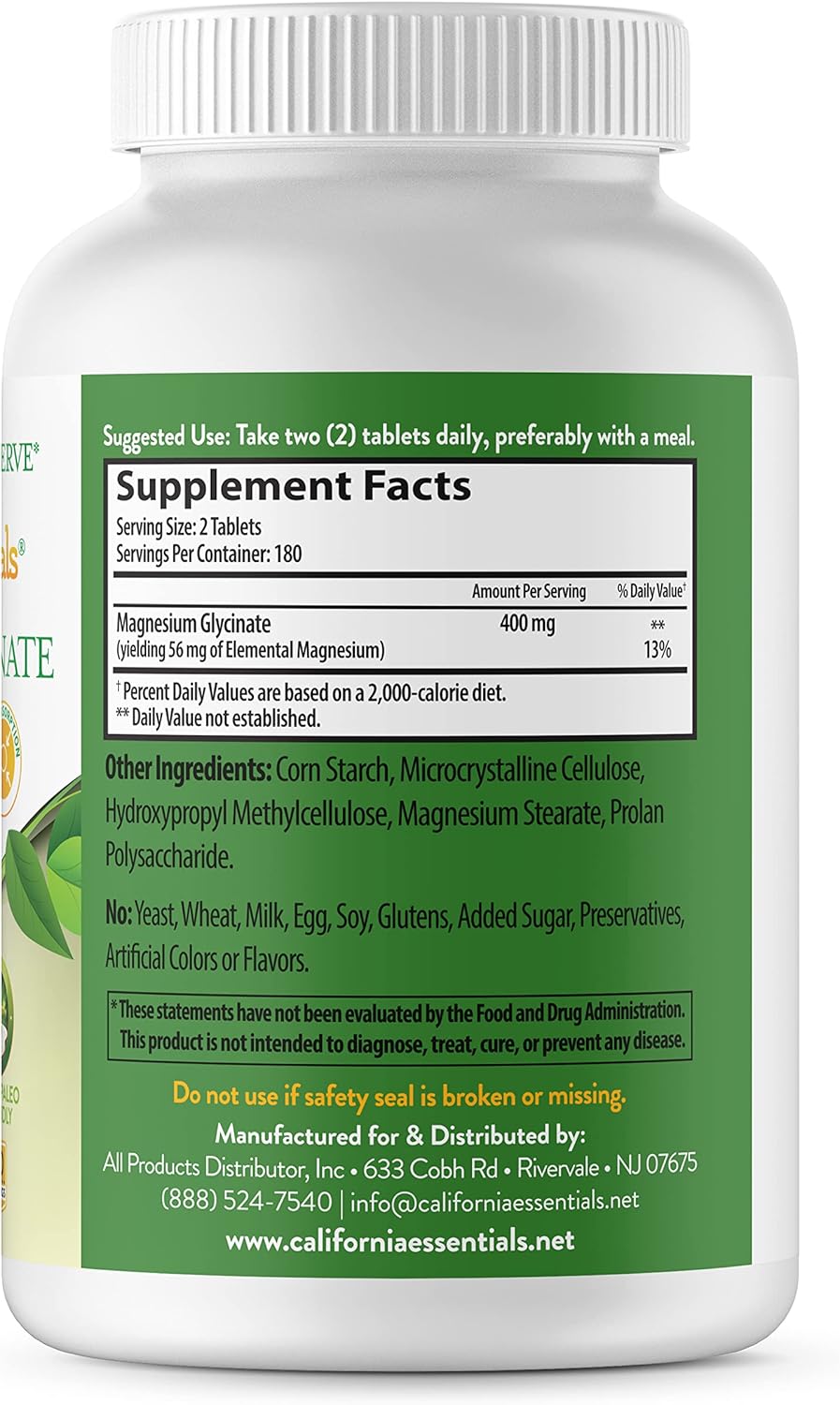 California Essentials Magnesium Glycinate 400 - High Absorption Muscle & Bone Support - Vegan, Non-GMO, Gluten-Free (360 Count)
