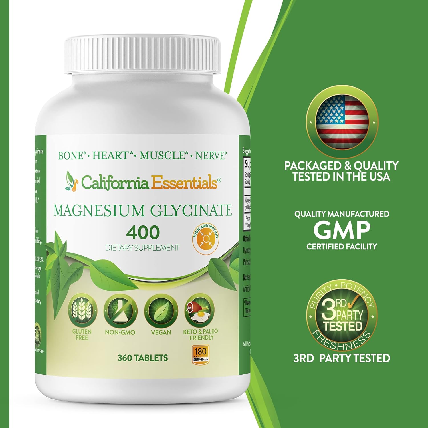 California Essentials Magnesium Glycinate 400 - High Absorption Muscle & Bone Support - Vegan, Non-GMO, Gluten-Free (360 Count)