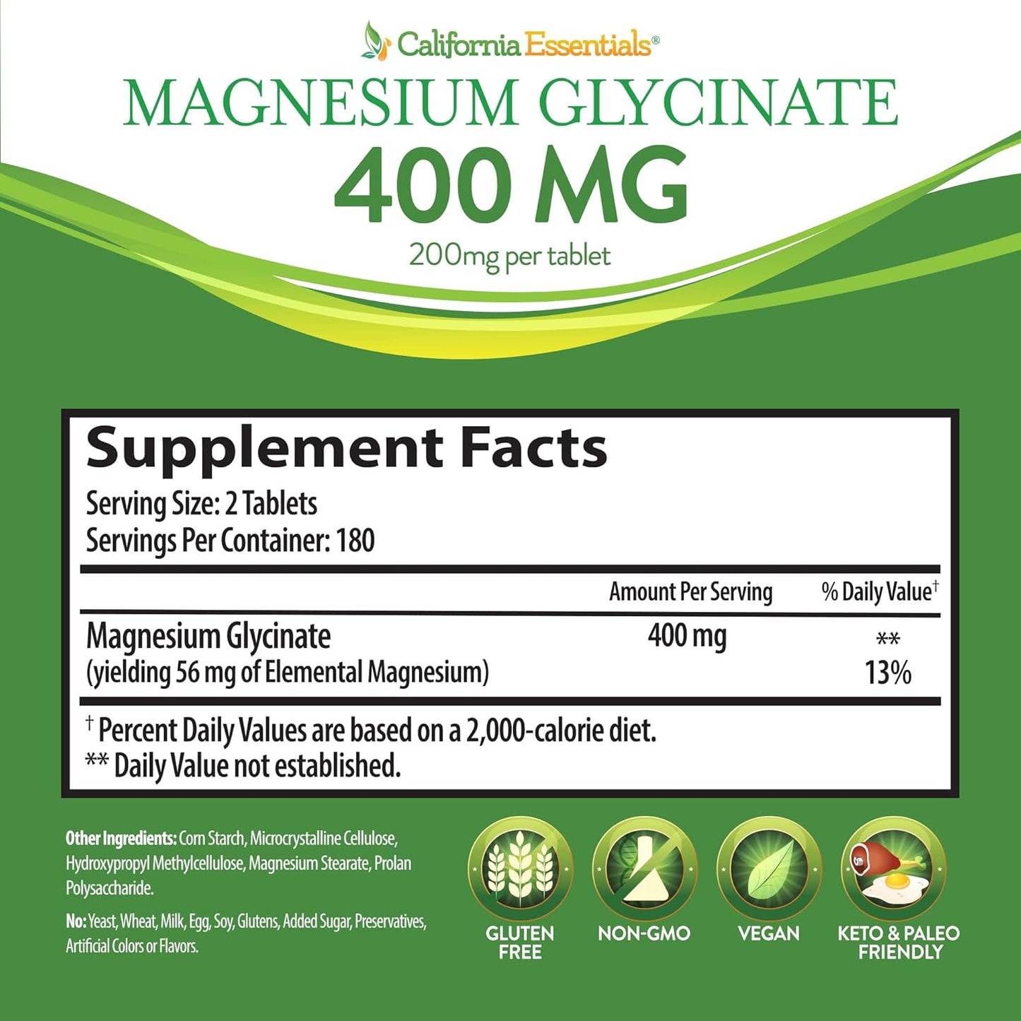 California Essentials Magnesium Glycinate 400 - High Absorption Muscle & Bone Support - Vegan, Non-GMO, Gluten-Free (360 Count)