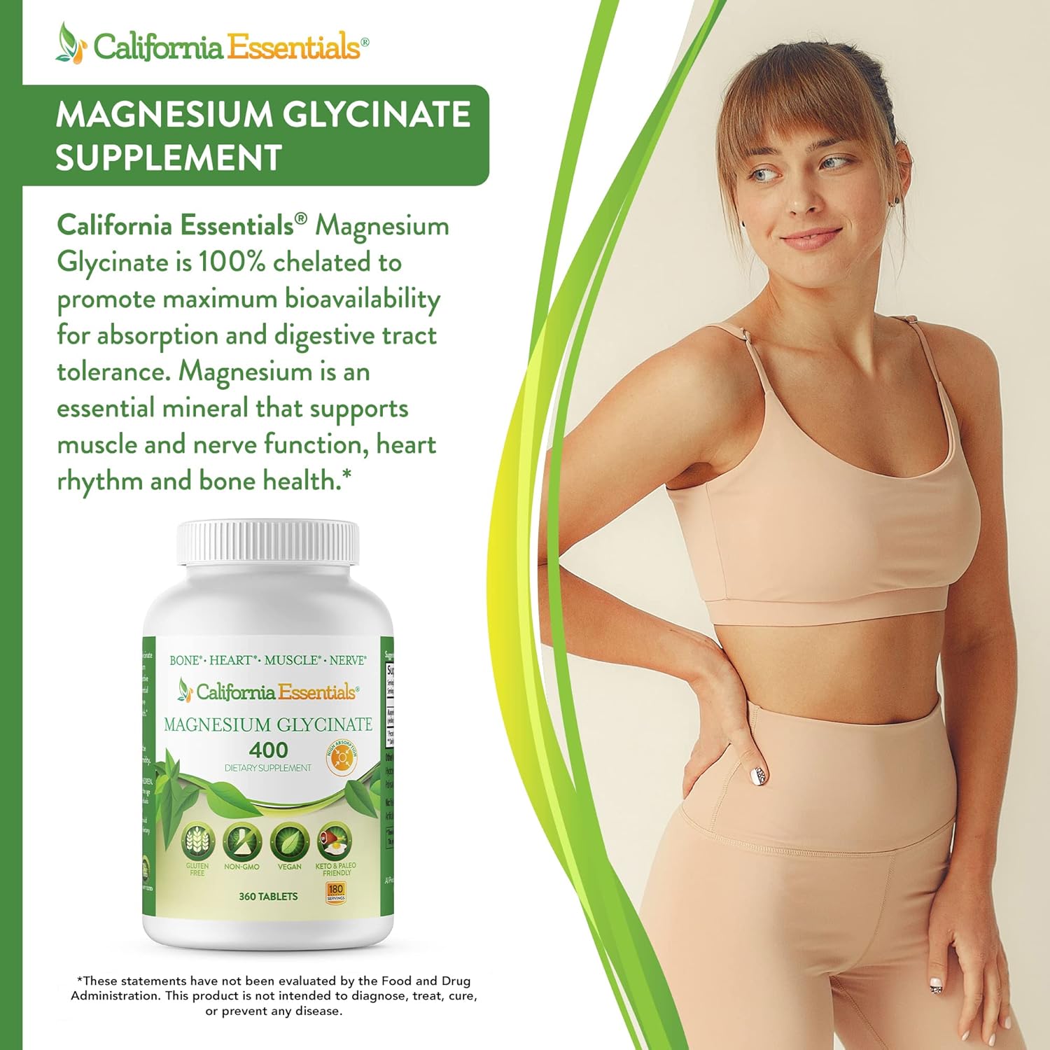 California Essentials Magnesium Glycinate 400 - High Absorption Muscle & Bone Support - Vegan, Non-GMO, Gluten-Free (360 Count)