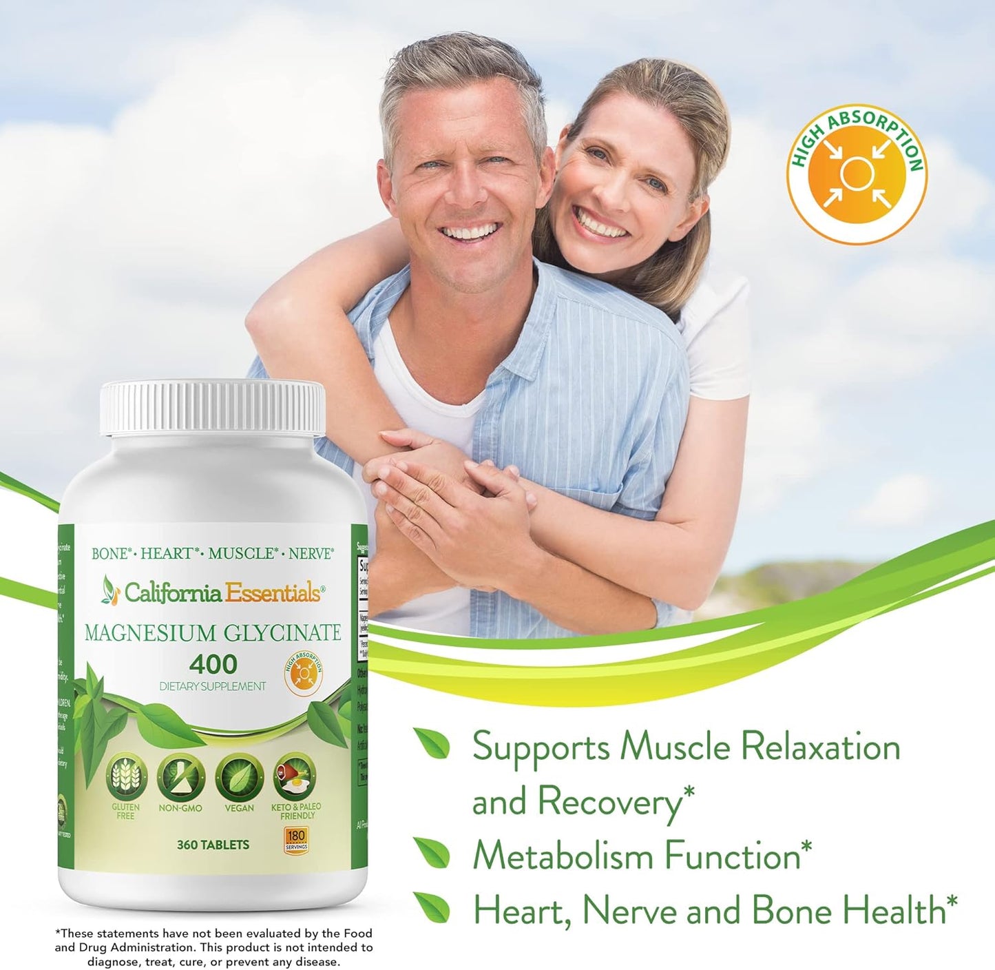 California Essentials Magnesium Glycinate 400 - High Absorption Muscle & Bone Support - Vegan, Non-GMO, Gluten-Free (360 Count)