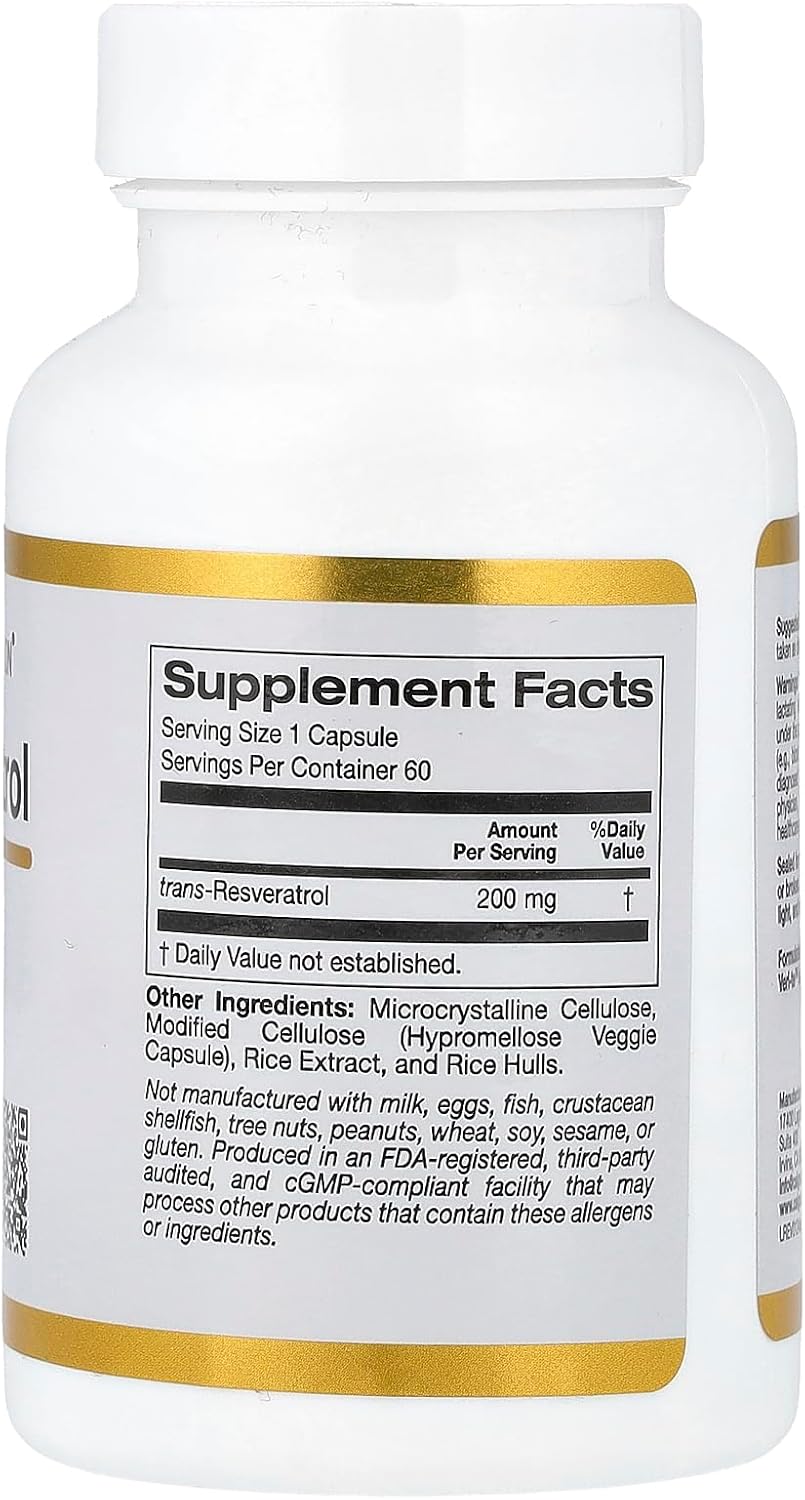 California Gold Nutrition 98% Pure Trans-Resveratrol Capsules - Italian Sourced, 200mg, 60 Count