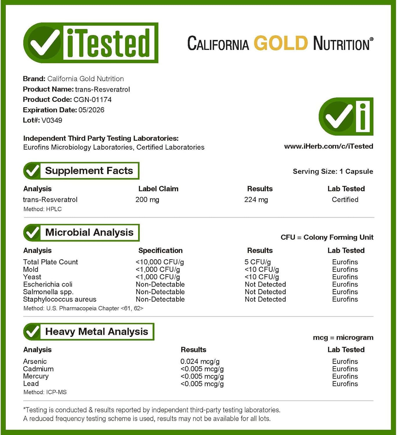 California Gold Nutrition 98% Pure Trans-Resveratrol Capsules - Italian Sourced, 200mg, 60 Count