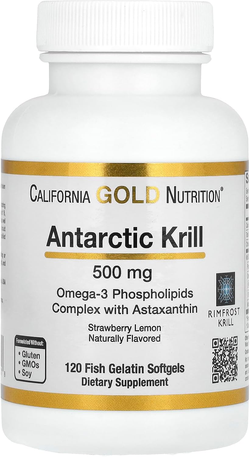 California Gold Nutrition Antarctic Krill Oil Softgels with Ultra-High Omega-3 and Astaxanthin, Natural Strawberry & Lemon Flavor, Non GMO, Gluten Free - 120 Count