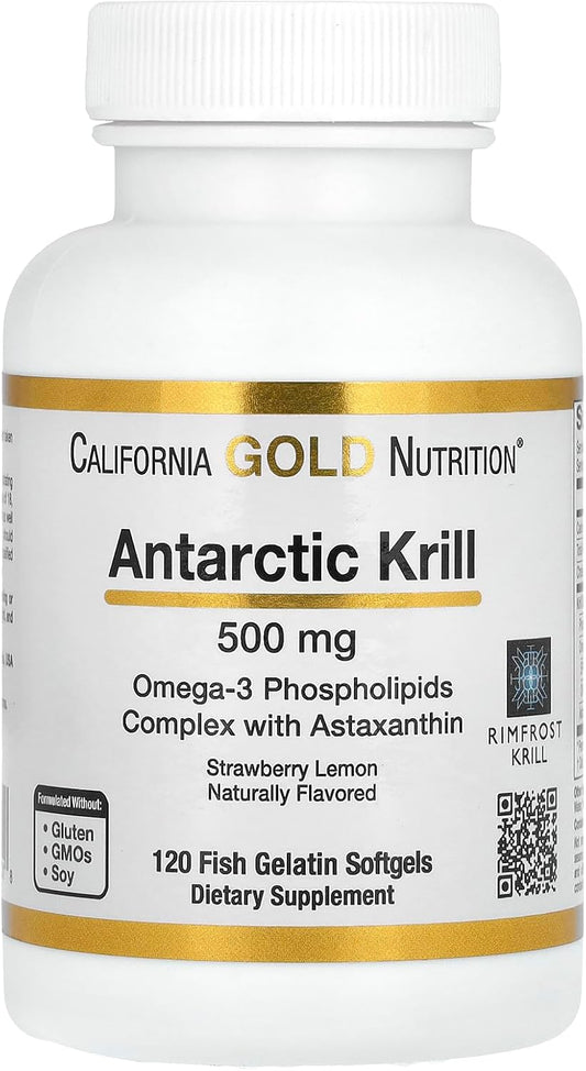 California Gold Nutrition Antarctic Krill Oil Softgels with Ultra-High Omega-3 and Astaxanthin, Natural Strawberry & Lemon Flavor, Non GMO, Gluten Free - 120 Count