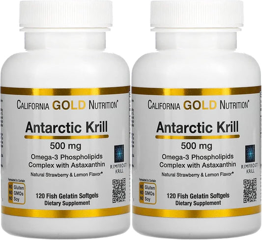 California Gold Nutrition Antarctic Krill Oil Softgels - High Omega-3 with Astaxanthin, Strawberry Lemon Flavor, Non GMO, Gluten Free - 2 Pack, 120 Count