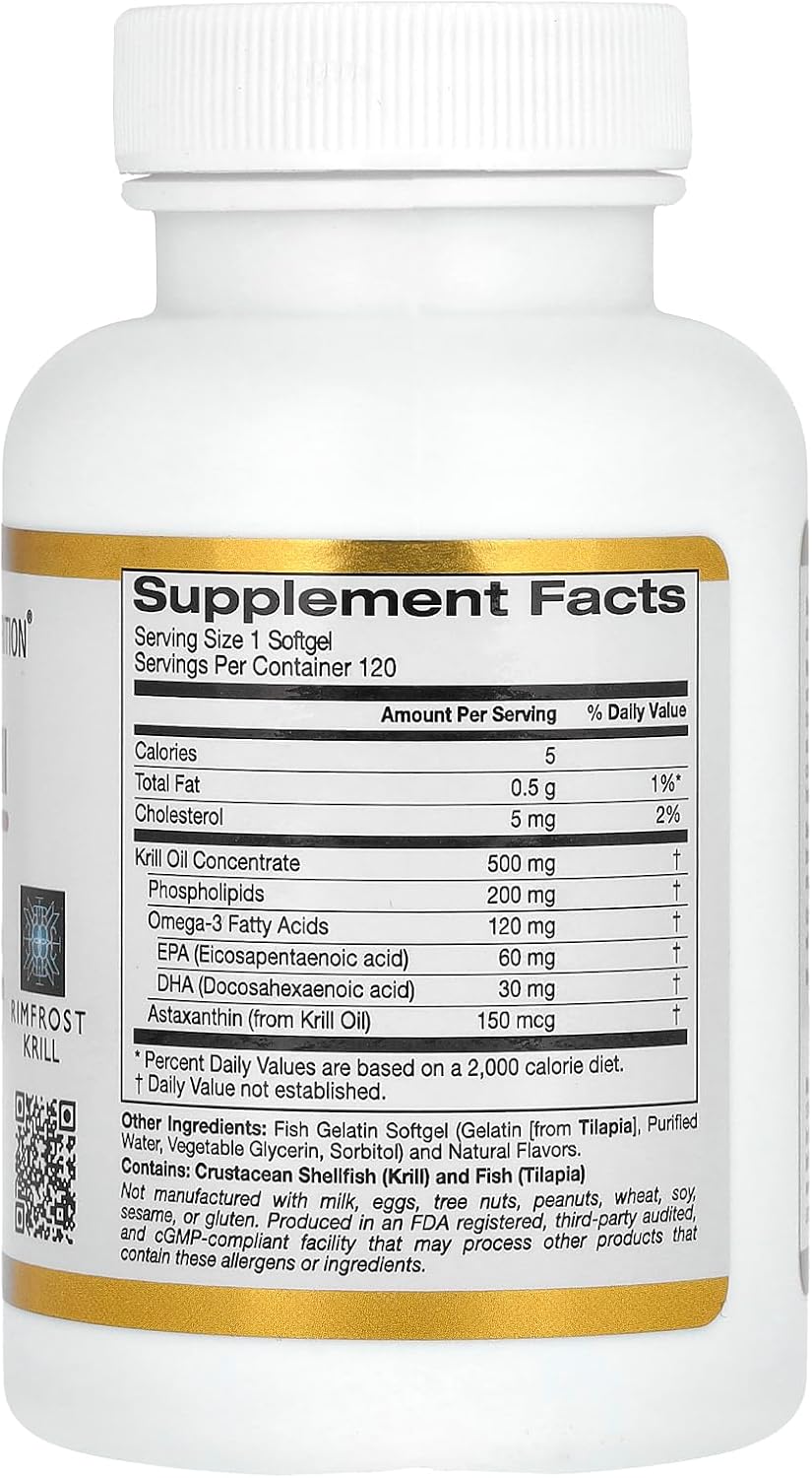 California Gold Nutrition Antarctic Krill Oil Softgels with Ultra-High Omega-3 and Astaxanthin, Natural Strawberry & Lemon Flavor, Non GMO, Gluten Free - 120 Count